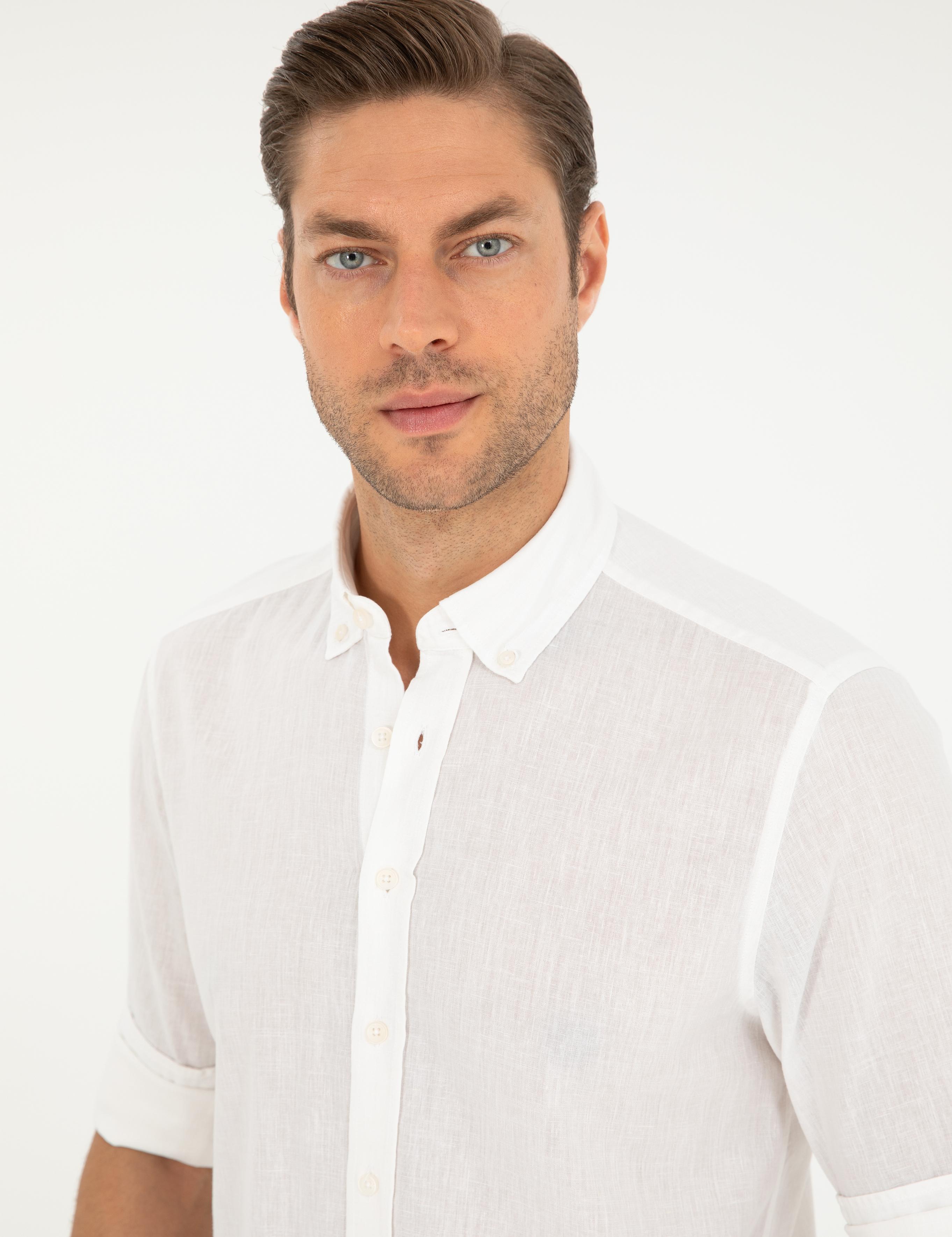 Beyaz Keten Karışımlı Regular Fit Uzun Kollu Gömlek