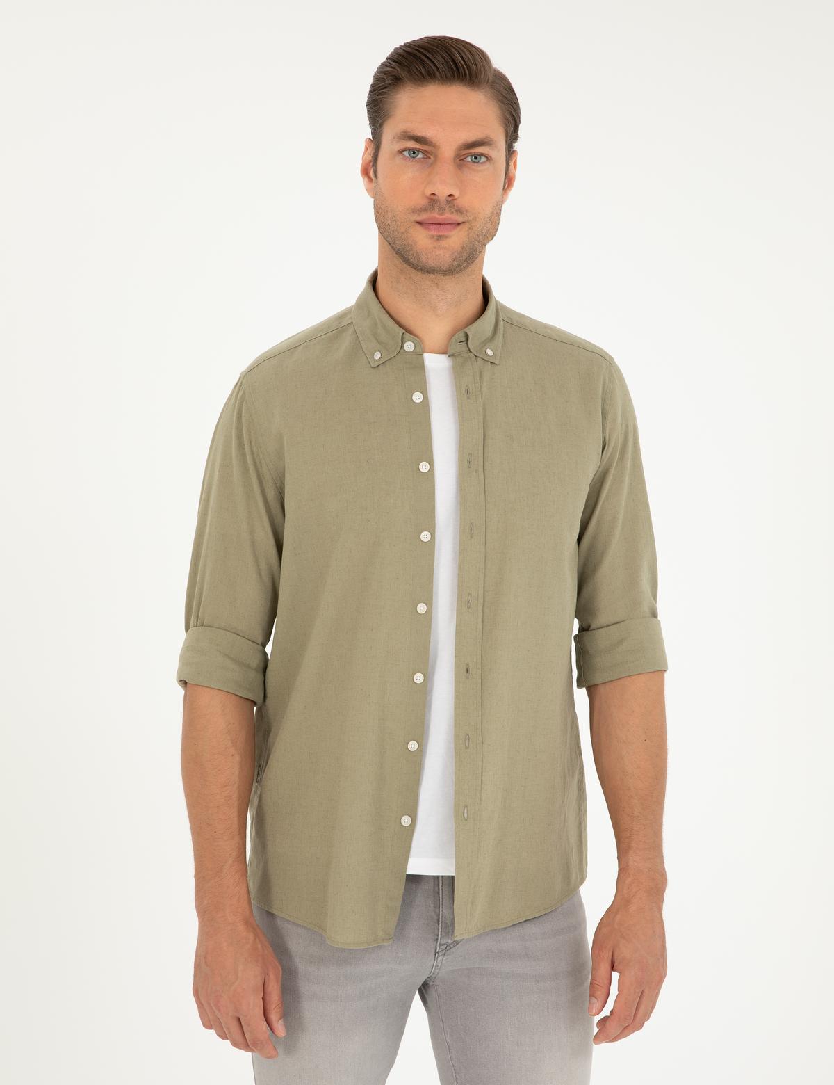 Haki Keten Karışımlı Regular Fit Uzun Kollu Gömlek - 50289413029