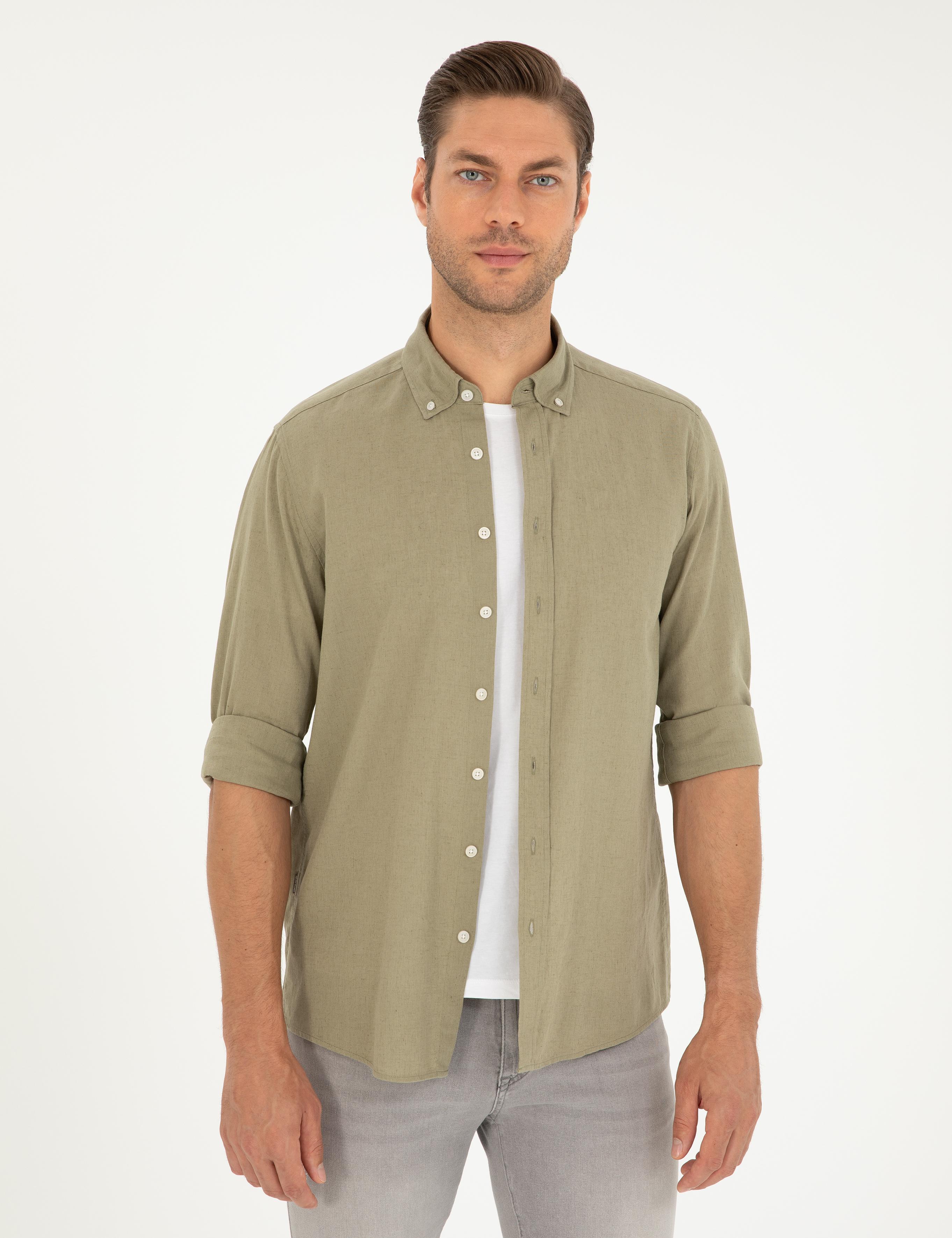 Haki Keten Karışımlı Regular Fit Uzun Kollu Gömlek