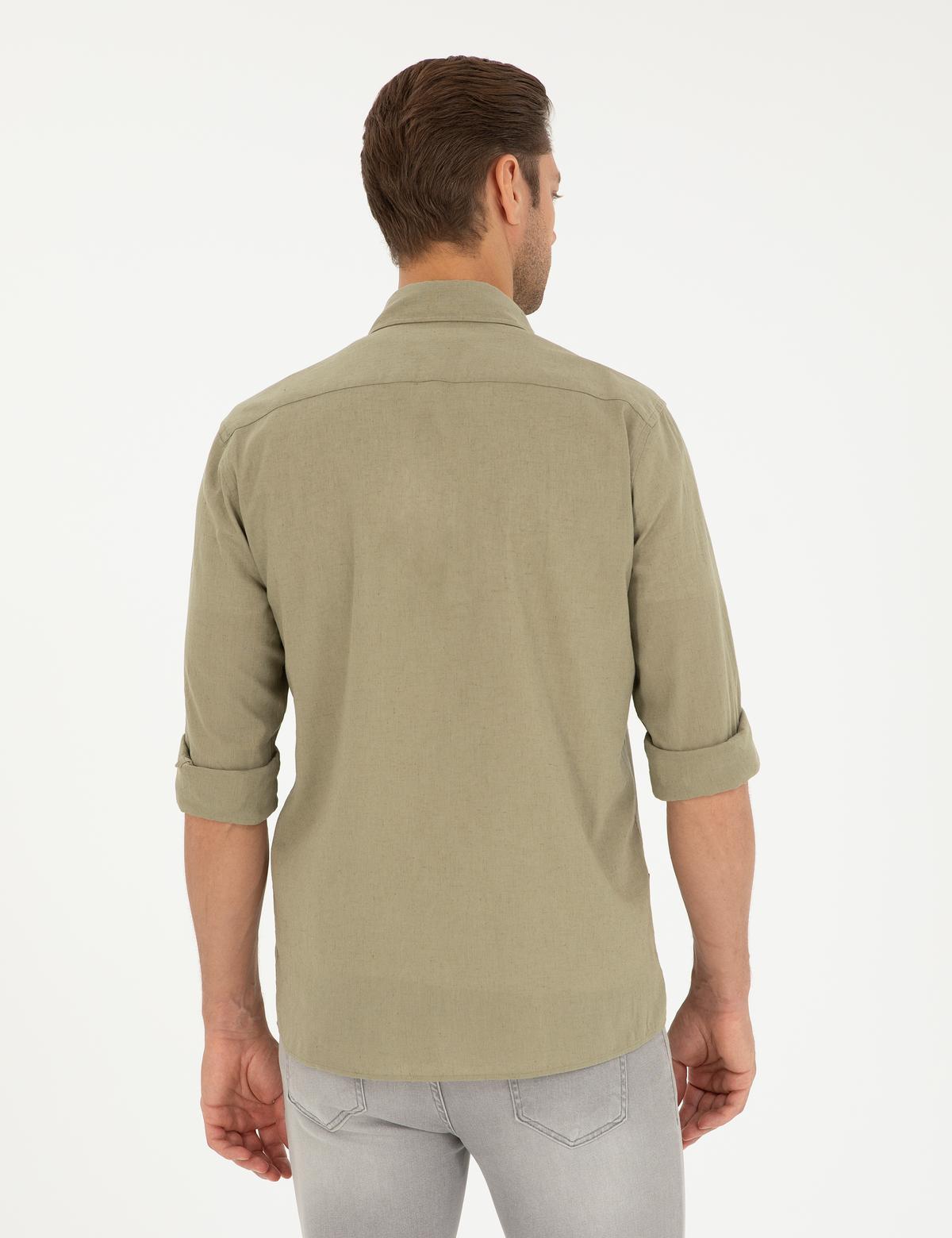 Haki Keten Karışımlı Regular Fit Uzun Kollu Gömlek - 50289413029