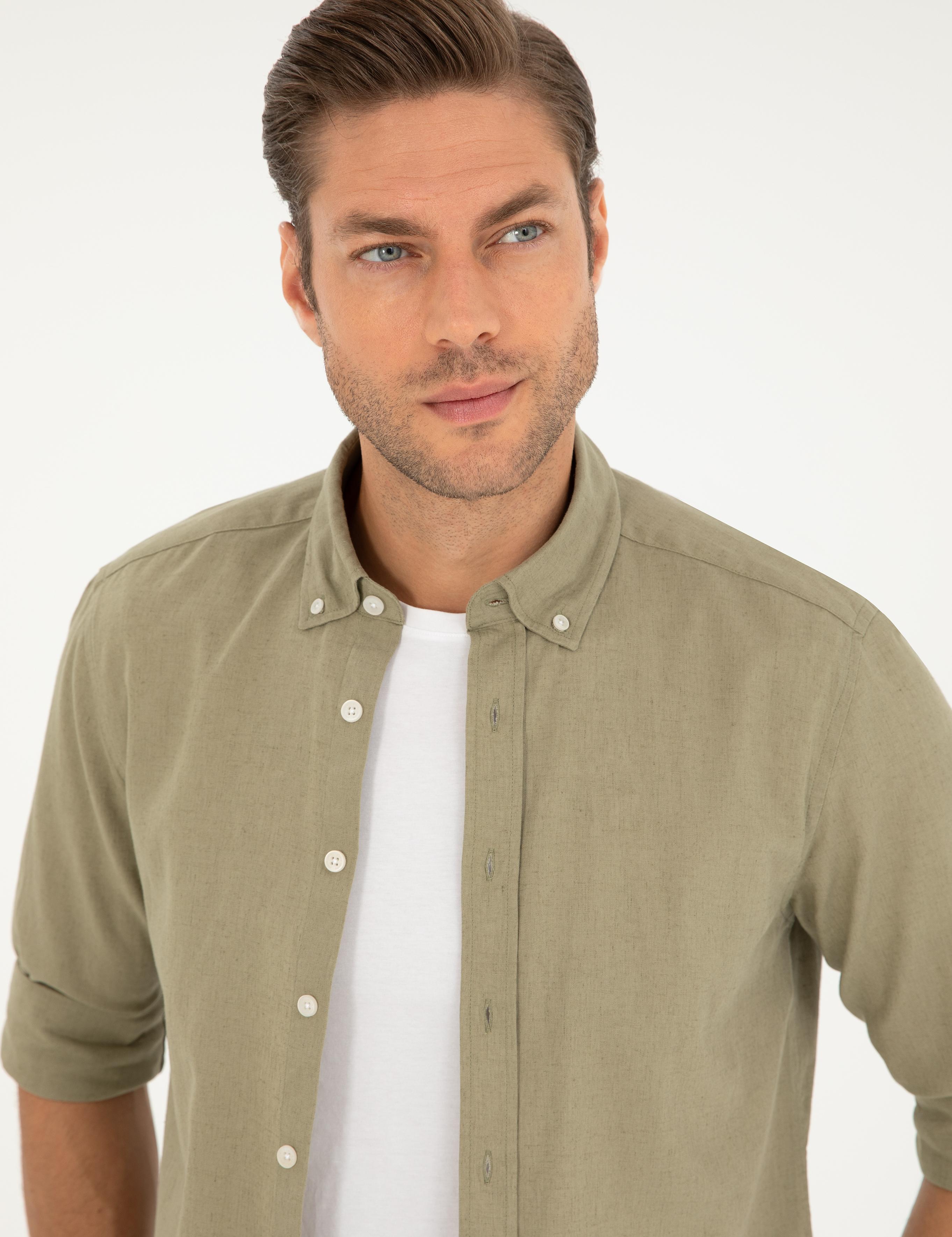 Haki Keten Karışımlı Regular Fit Uzun Kollu Gömlek