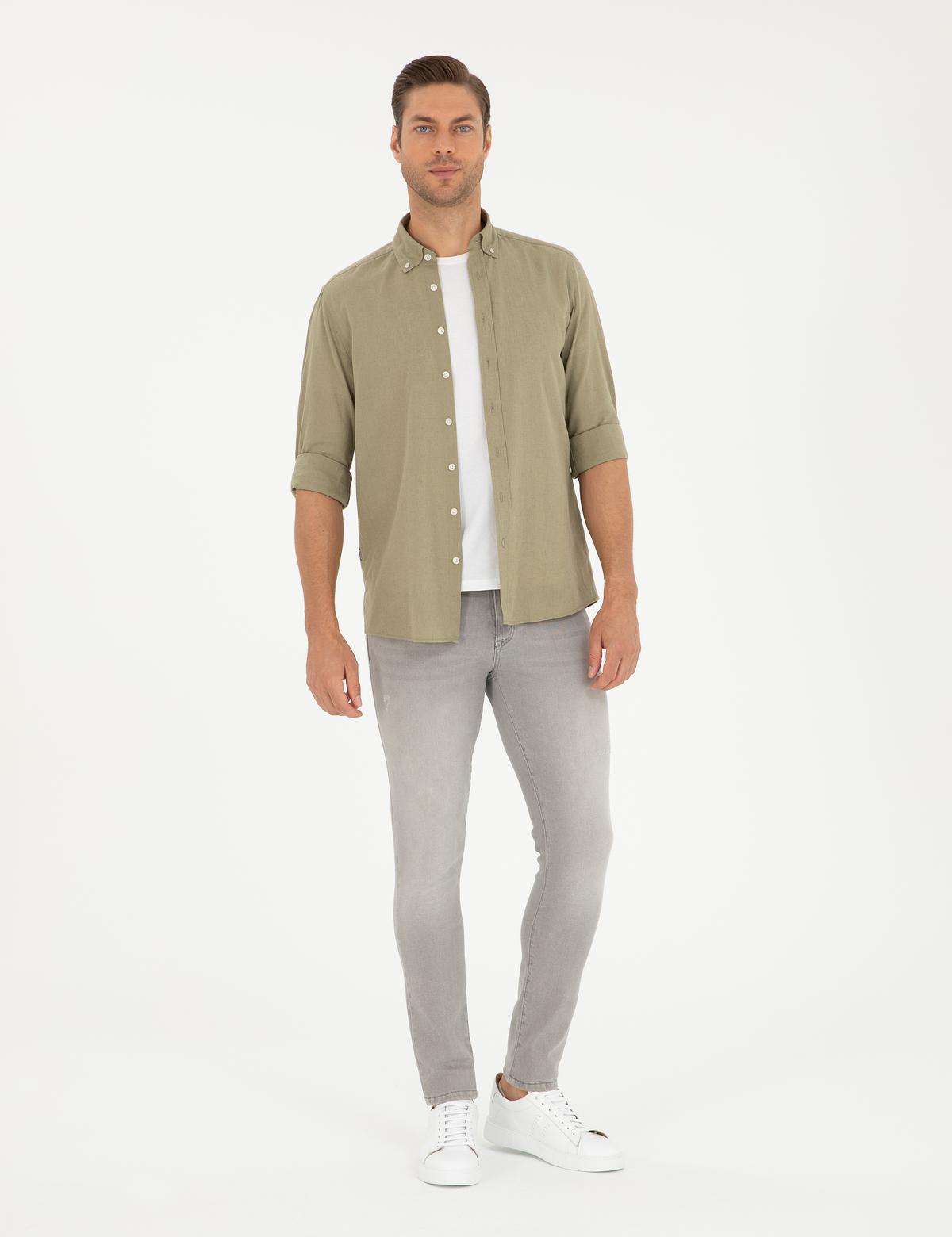 Haki Keten Karışımlı Regular Fit Uzun Kollu Gömlek - 50289413029
