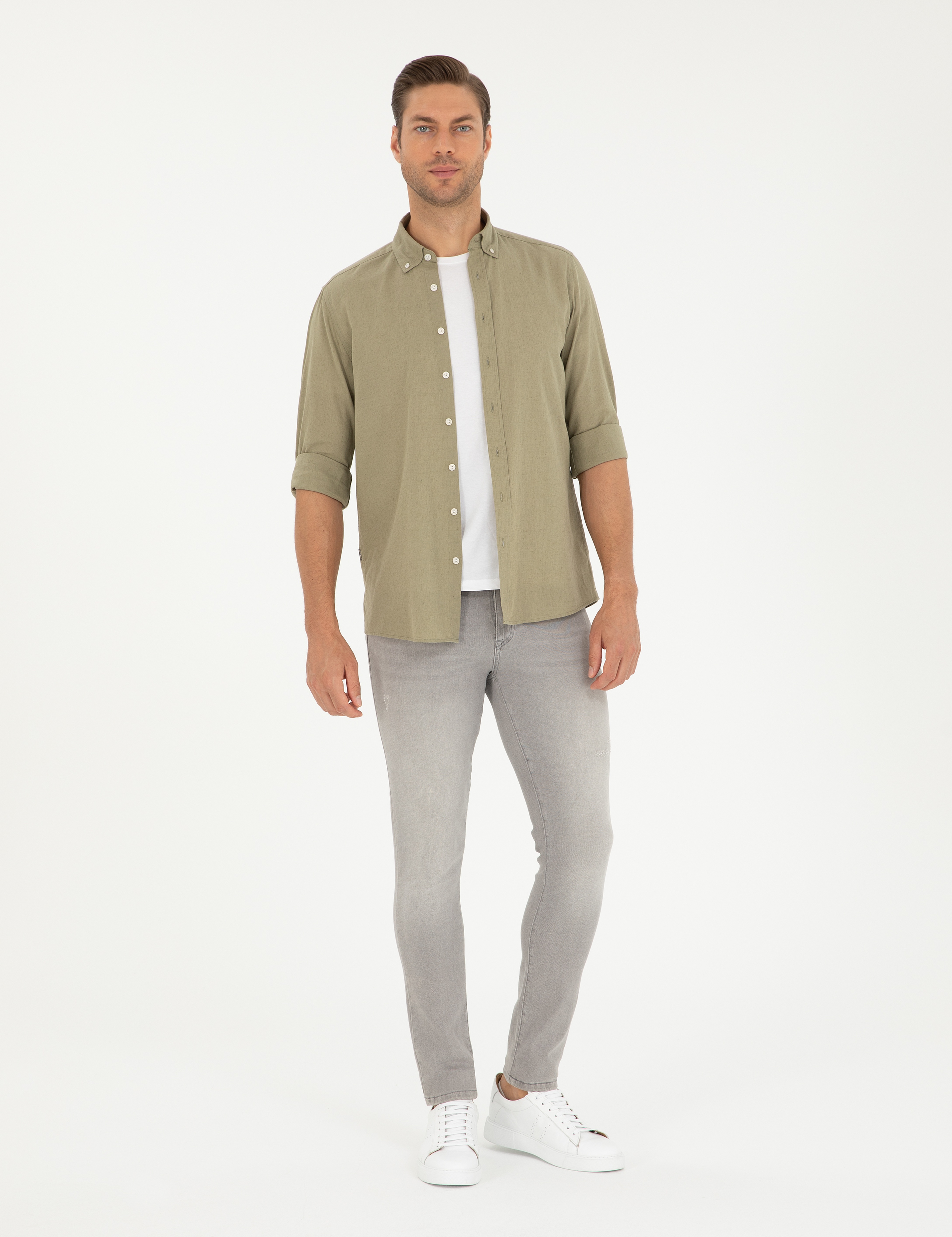 Haki Keten Karışımlı Regular Fit Uzun Kollu Gömlek - Image 4
