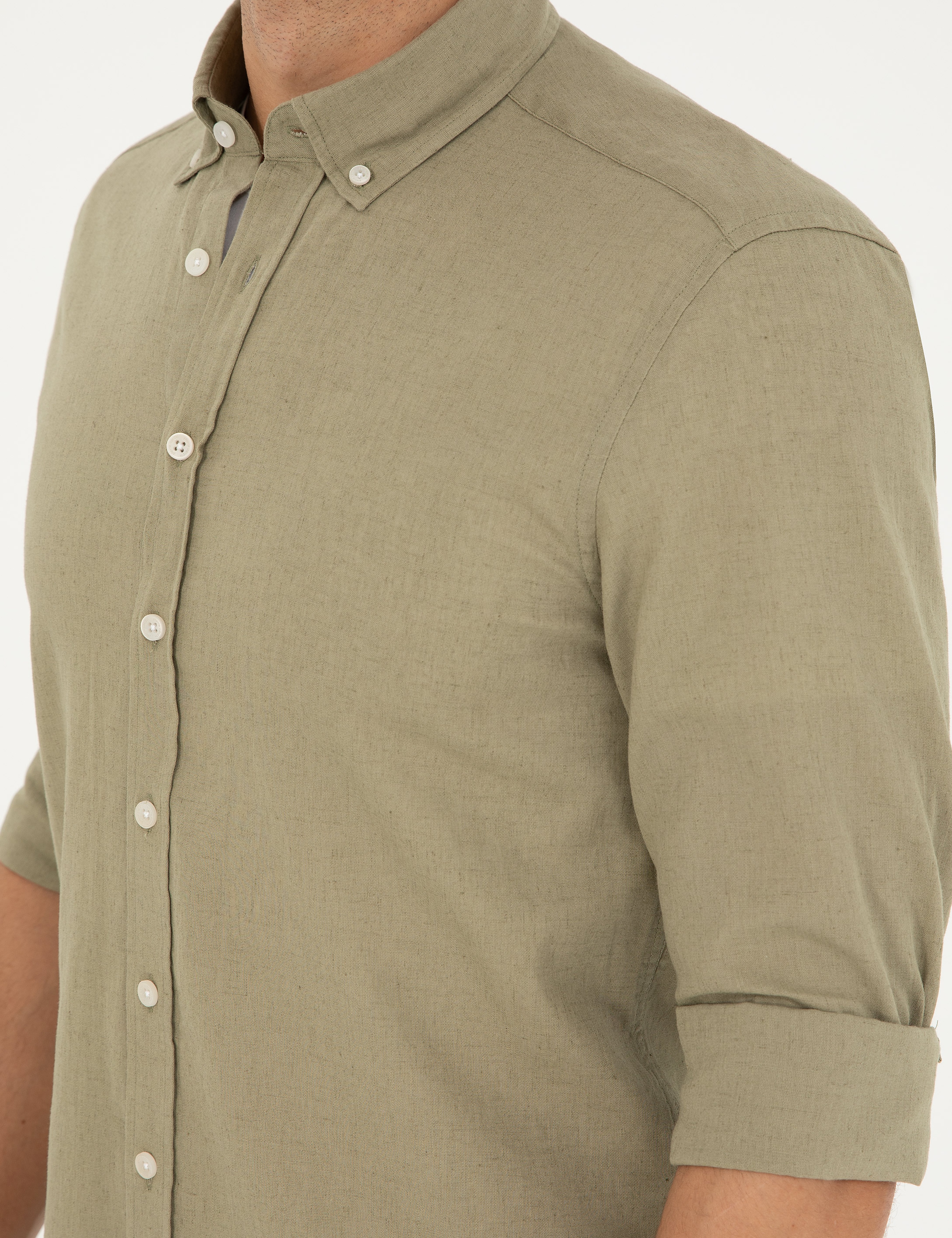 Haki Keten Karışımlı Regular Fit Uzun Kollu Gömlek - Image 7
