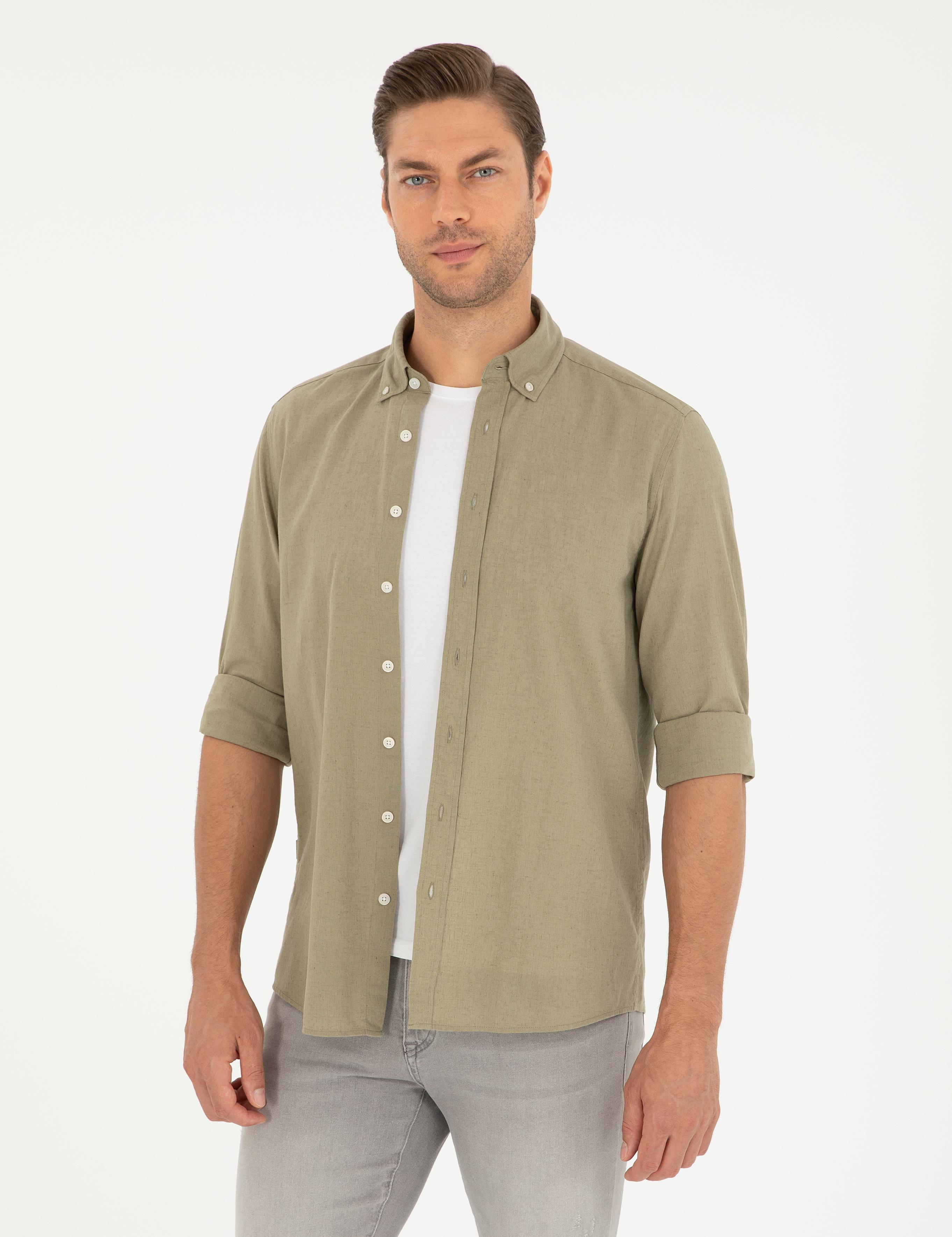 Haki Keten Karışımlı Regular Fit Uzun Kollu Gömlek