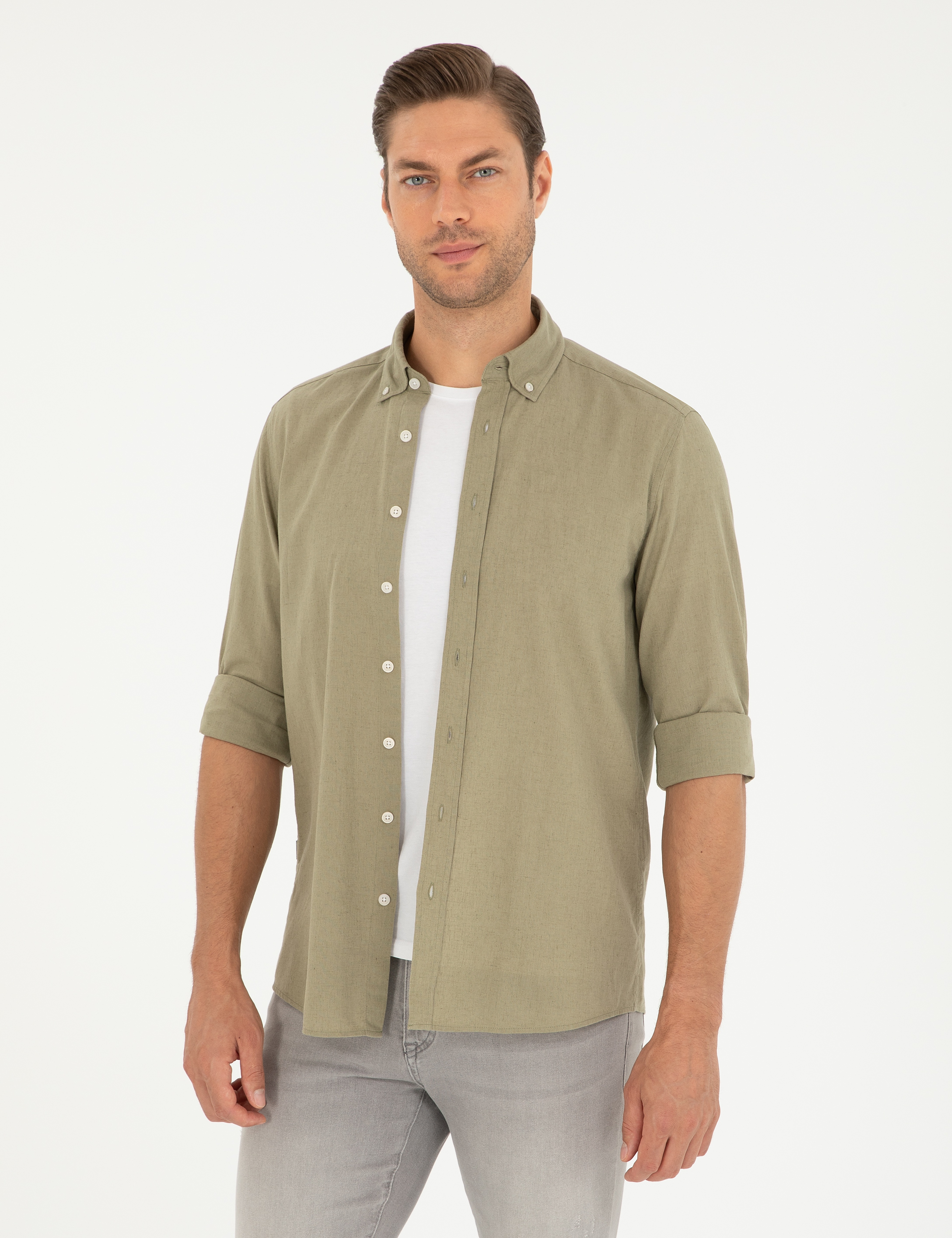 Haki Keten Karışımlı Regular Fit Uzun Kollu Gömlek - Image 1