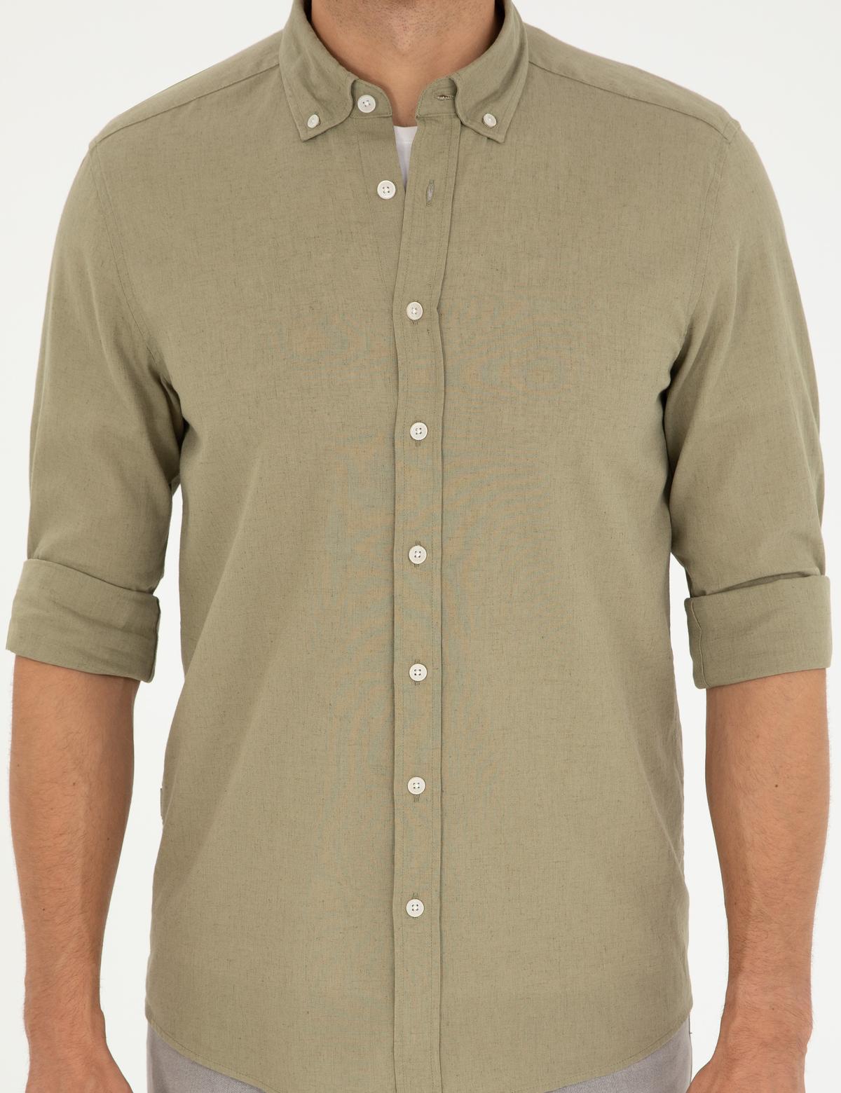Haki Keten Karışımlı Regular Fit Uzun Kollu Gömlek - 50289413029