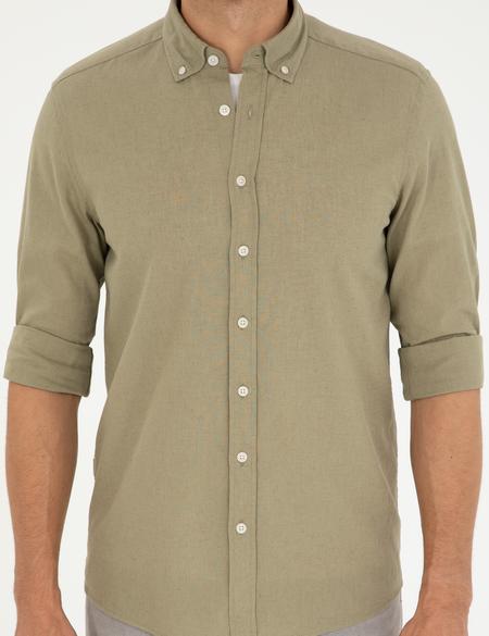 Haki Keten Karışımlı Regular Fit Uzun Kollu Gömlek - 50289413029