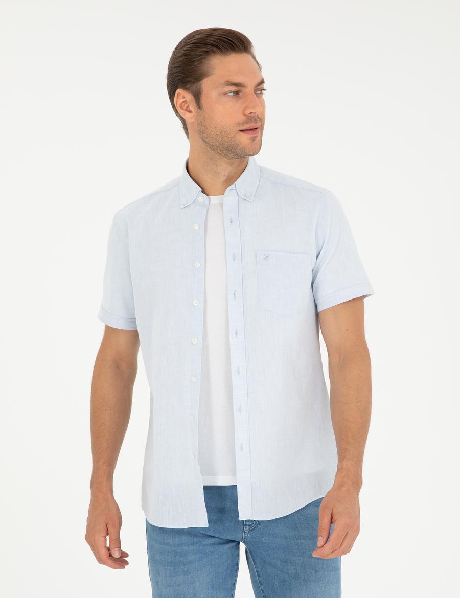 Açık Mavi Keten Karışımlı Regular Fit Kısa Kollu Gömlek