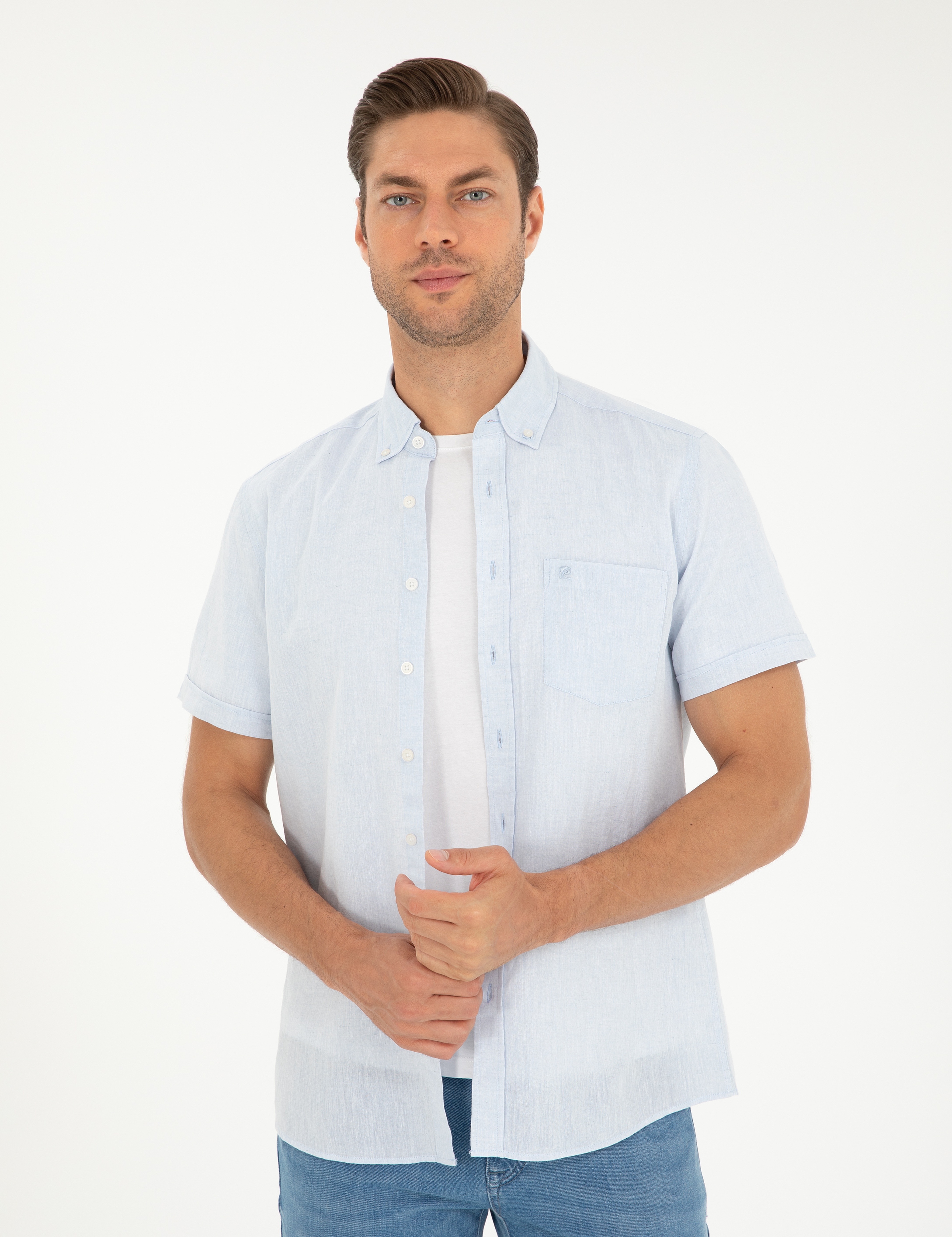 Açık Mavi Keten Karışımlı Regular Fit Kısa Kollu Gömlek - Image 3