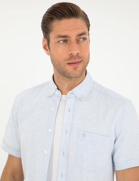 Açık Mavi Keten Karışımlı Regular Fit Kısa Kollu Gömlek - 50289414007