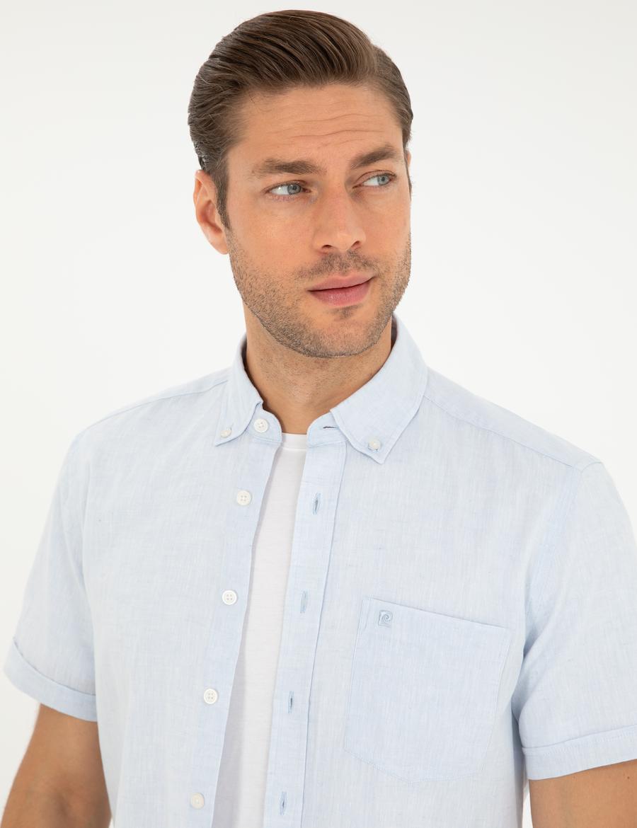 Açık Mavi Keten Karışımlı Regular Fit Kısa Kollu Gömlek