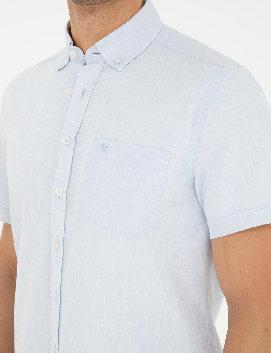 Açık Mavi Keten Karışımlı Regular Fit Kısa Kollu Gömlek