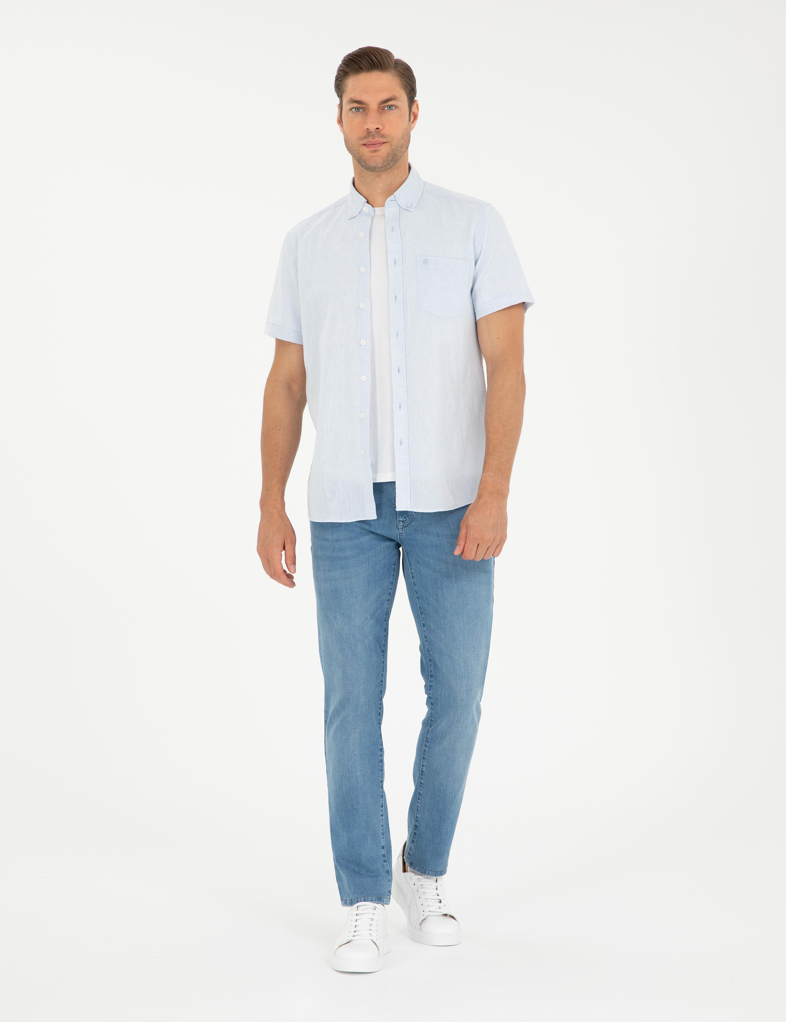 Açık Mavi Keten Karışımlı Regular Fit Kısa Kollu Gömlek