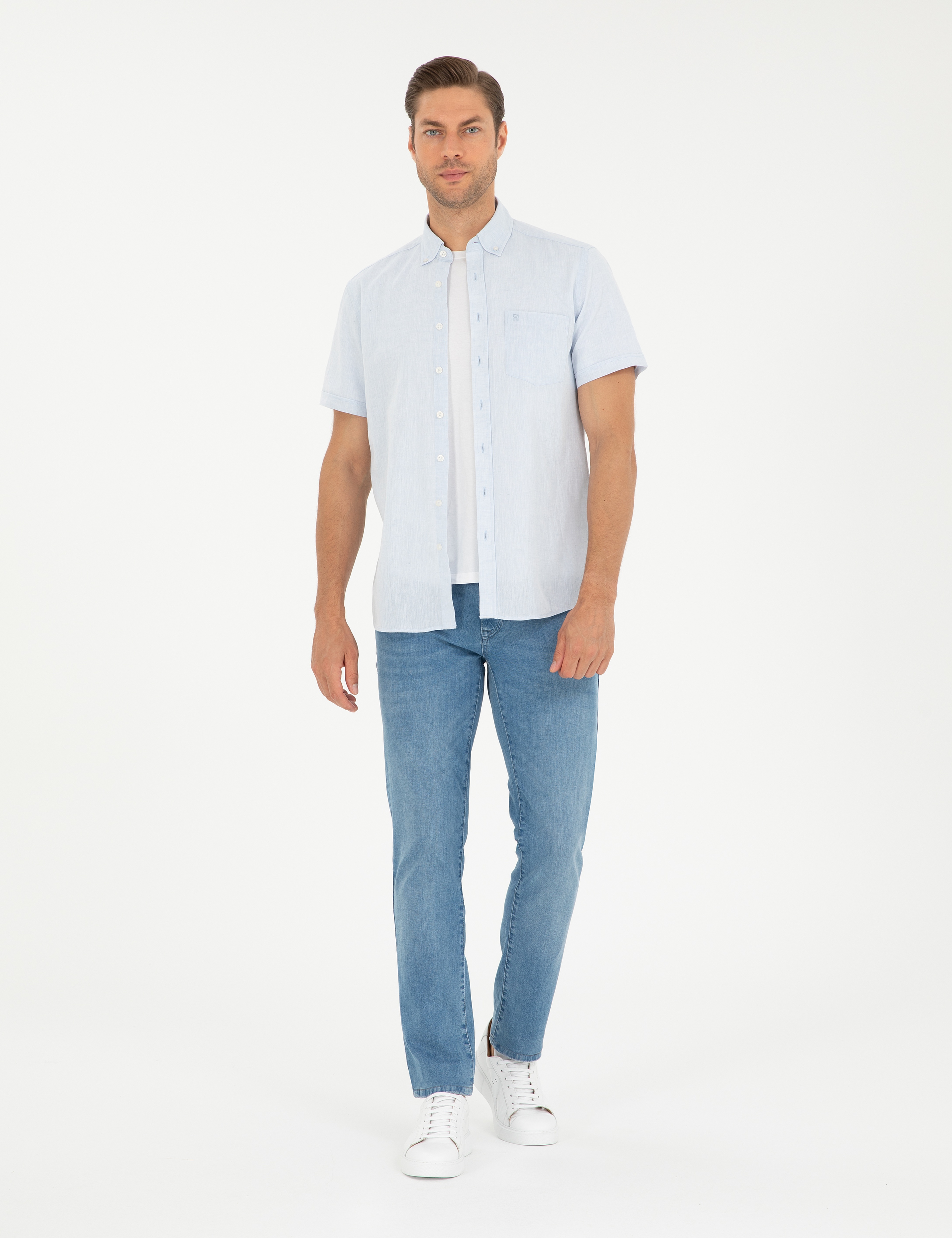 Açık Mavi Keten Karışımlı Regular Fit Kısa Kollu Gömlek - Image 4