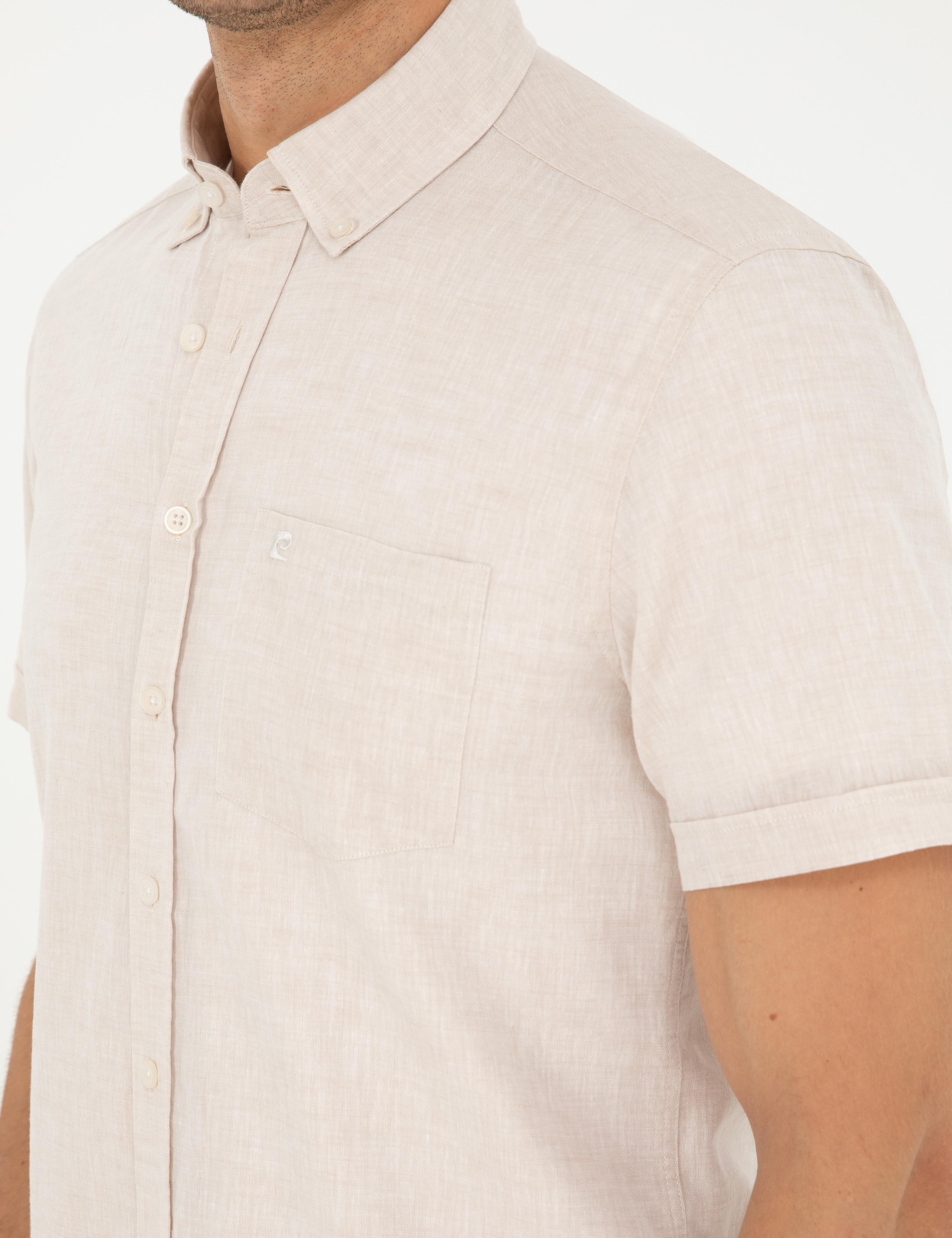 Bej Keten Karışımlı Regular Fit Kısa Kollu Gömlek