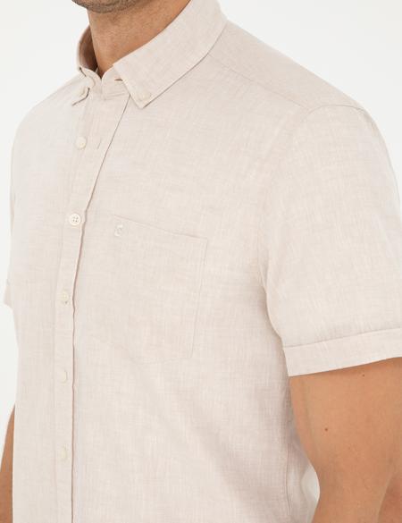 Bej Keten Karışımlı Regular Fit Kısa Kollu Gömlek - 50289414023