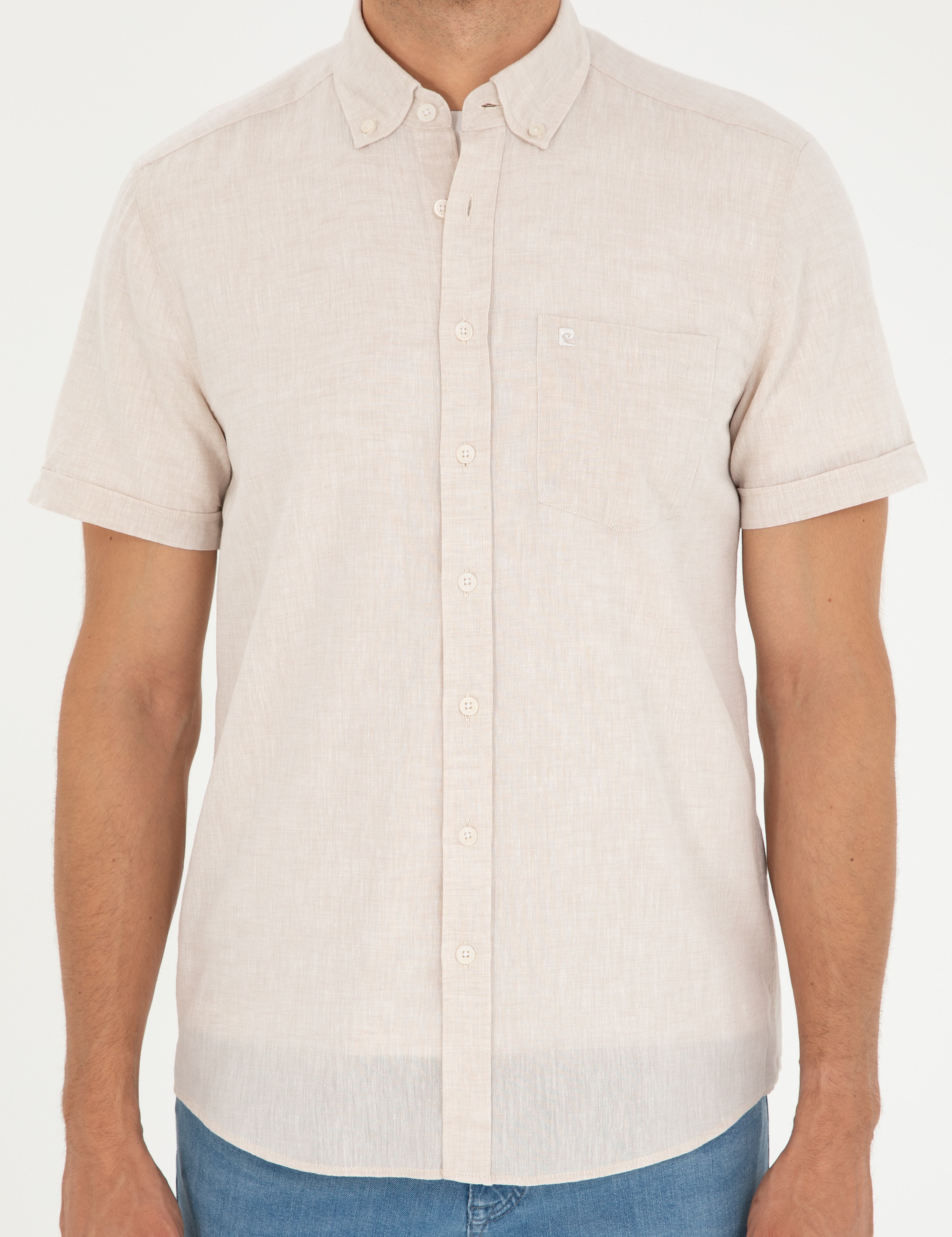 Bej Keten Karışımlı Regular Fit Kısa Kollu Gömlek - Image 6