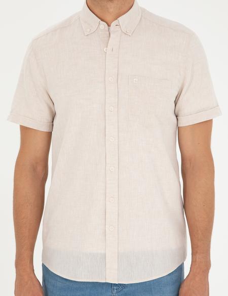 Bej Keten Karışımlı Regular Fit Kısa Kollu Gömlek - 50289414023