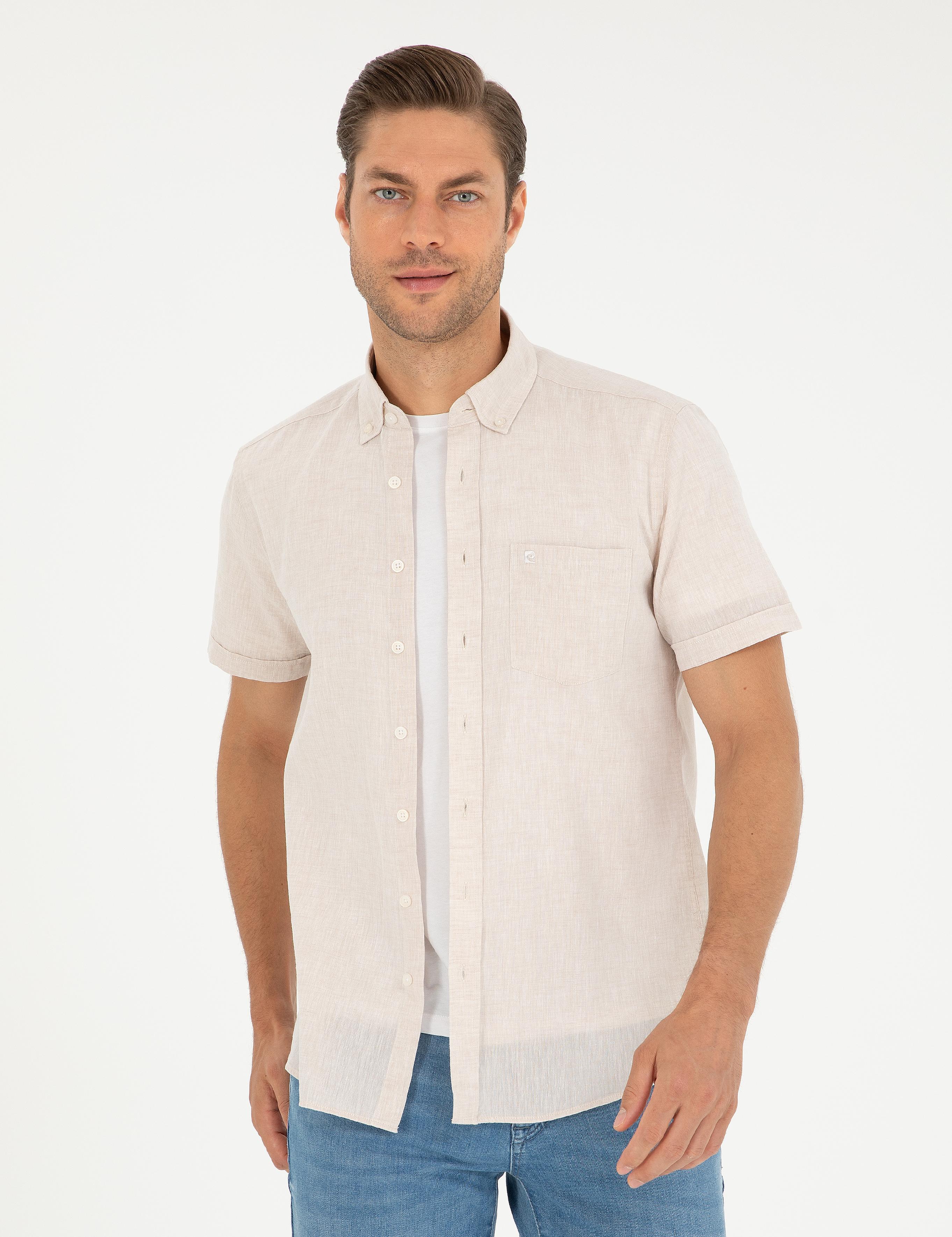 Bej Keten Karışımlı Regular Fit Kısa Kollu Gömlek