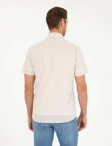 Bej Keten Karışımlı Regular Fit Kısa Kollu Gömlek - 50289414023