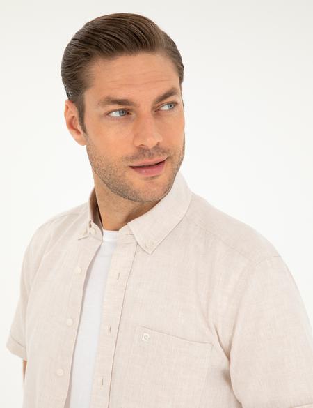 Bej Keten Karışımlı Regular Fit Kısa Kollu Gömlek - 50289414023