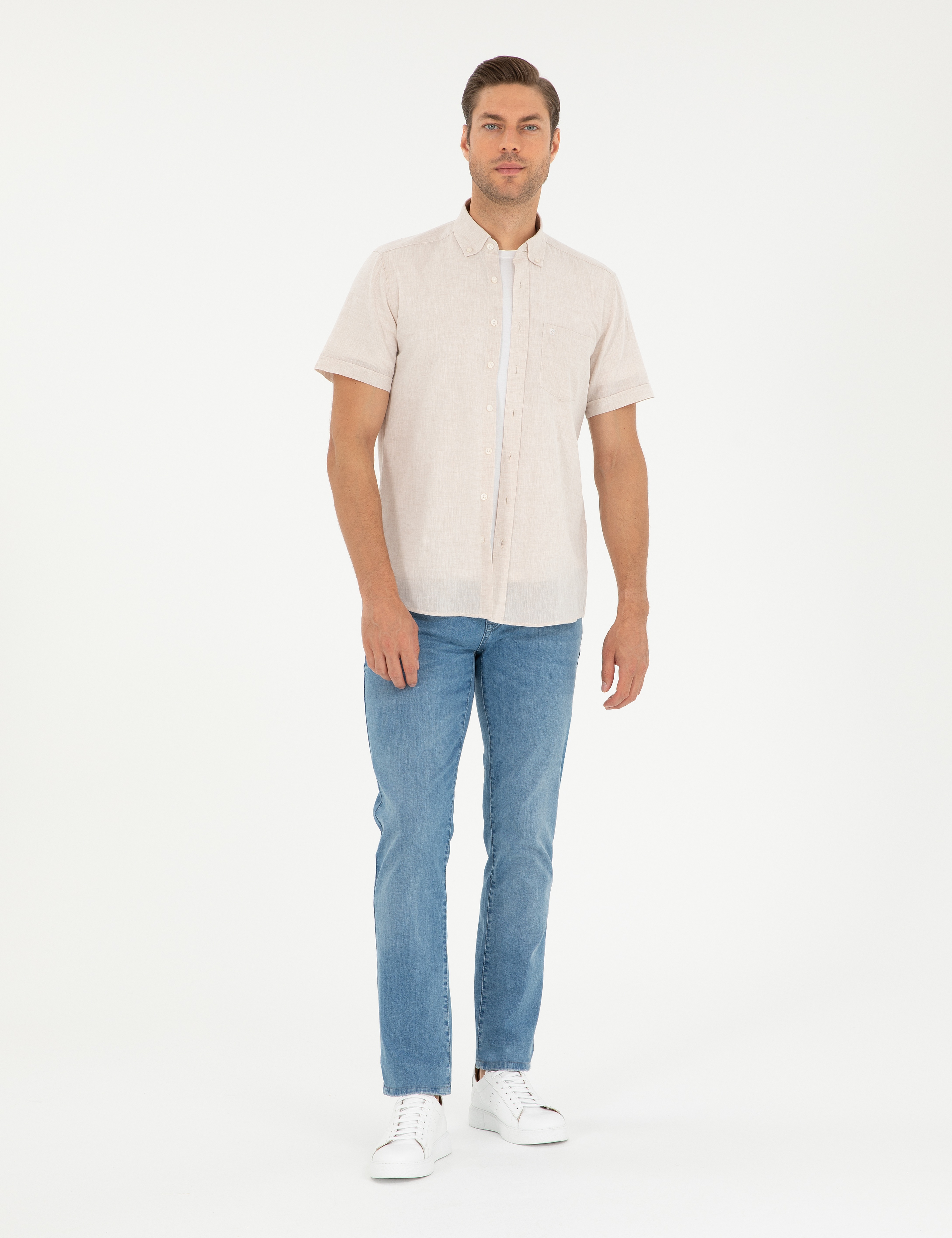 Bej Keten Karışımlı Regular Fit Kısa Kollu Gömlek - Image 4
