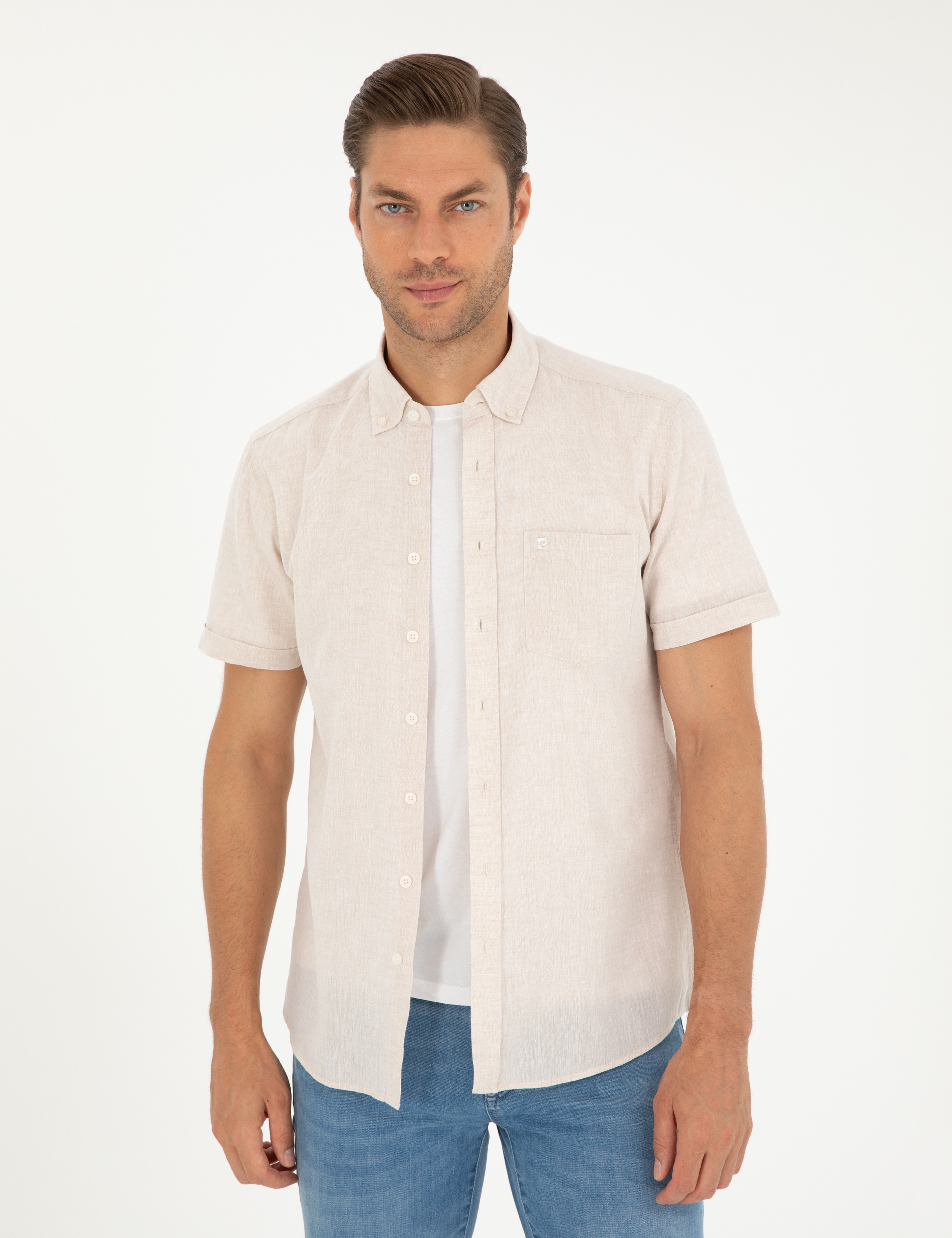 Bej Keten Karışımlı Regular Fit Kısa Kollu Gömlek - Image 3