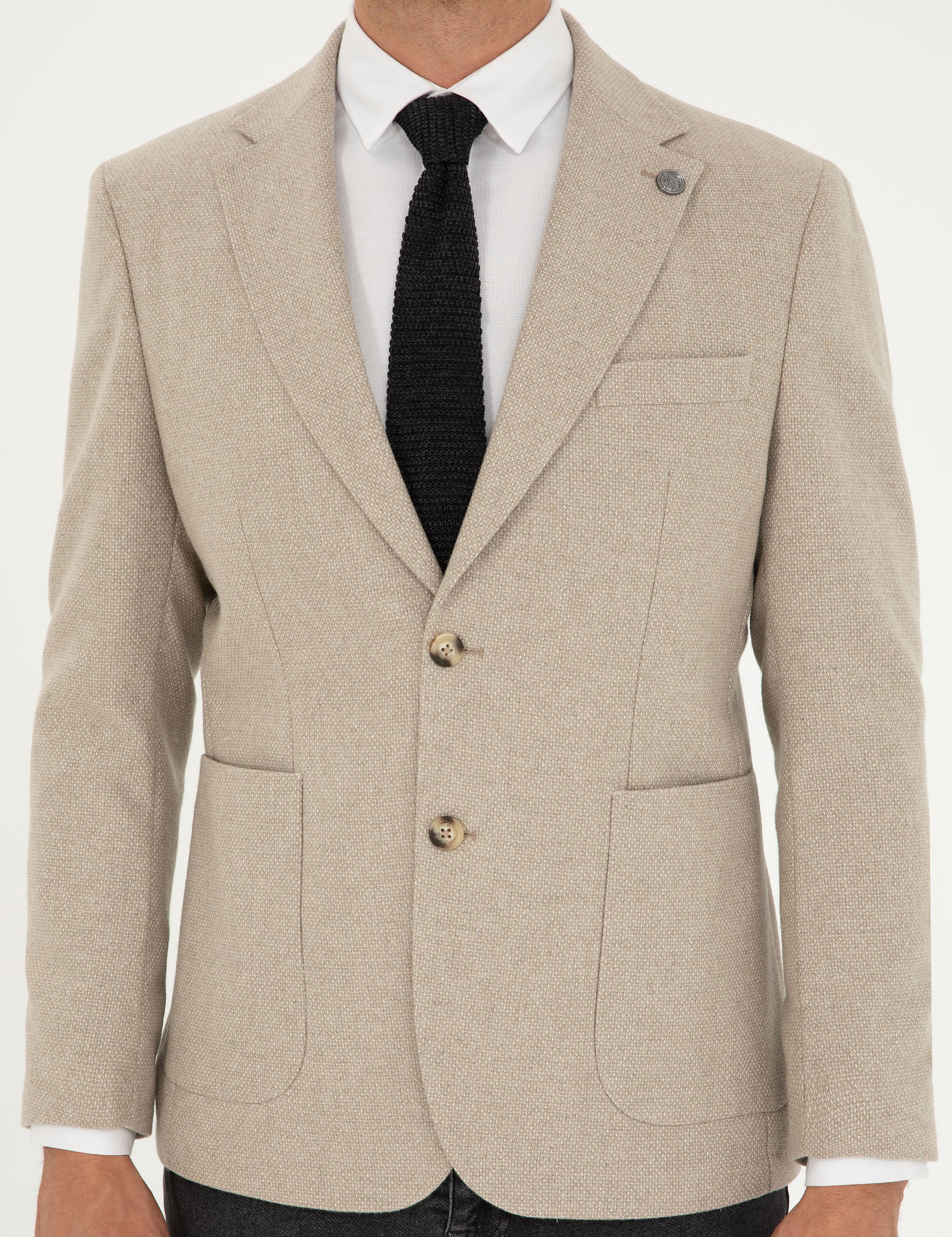 Bej Yün Karışımlı Slim Fit Ceket