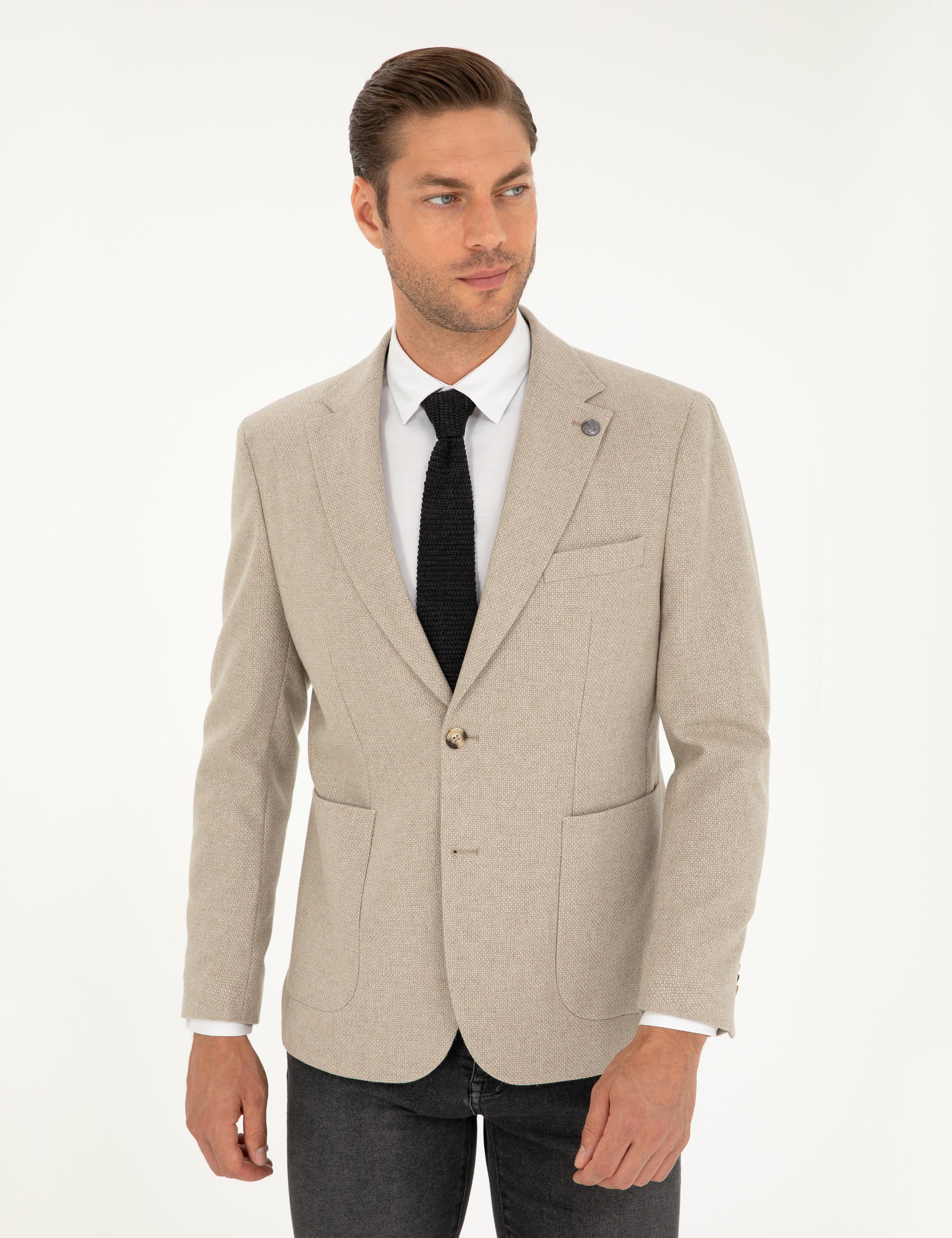 Bej Yün Karışımlı Slim Fit Ceket