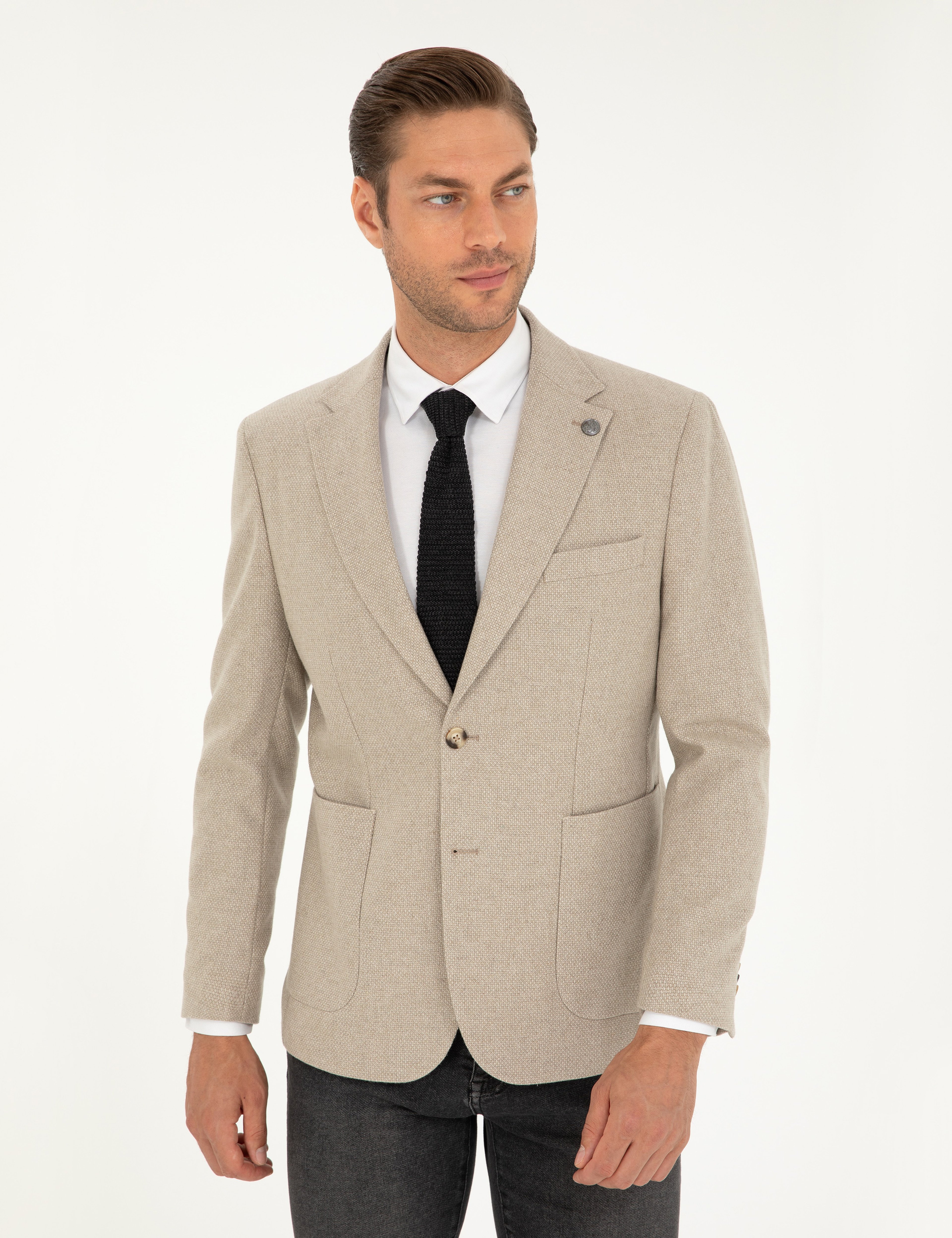 Bej Yün Karışımlı Slim Fit Ceket - Image 3