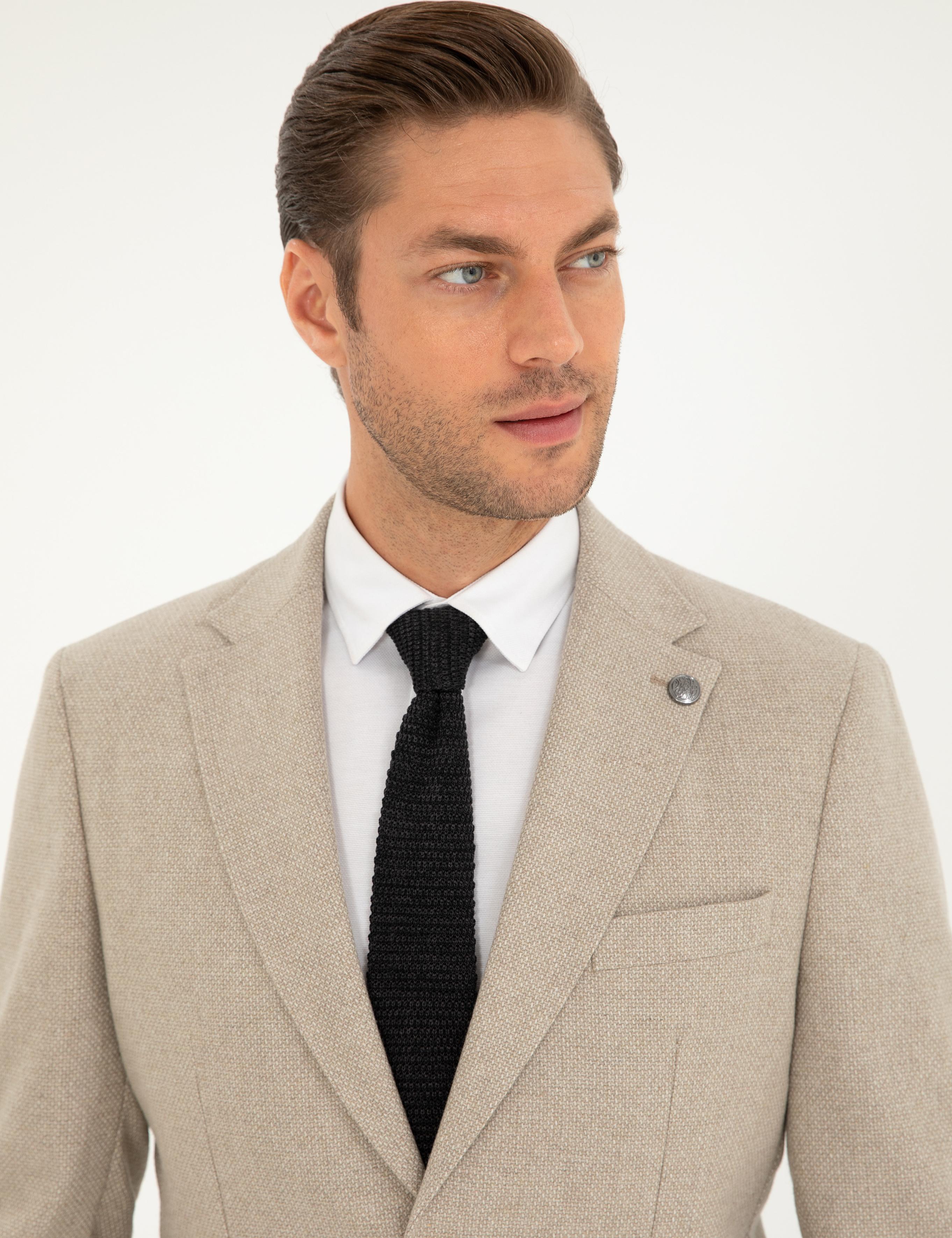 Bej Yün Karışımlı Slim Fit Ceket