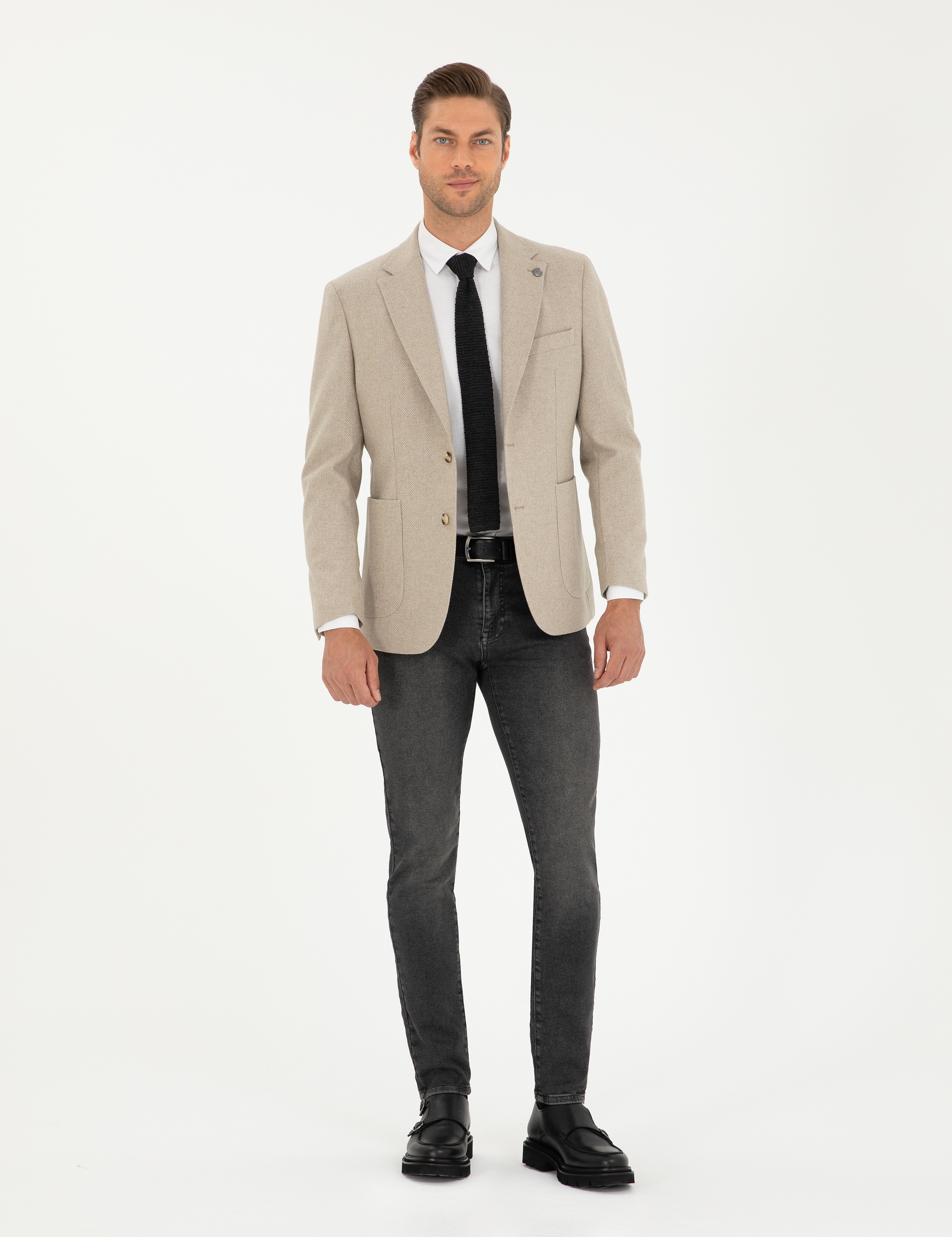 Bej Yün Karışımlı Slim Fit Ceket - Image 4