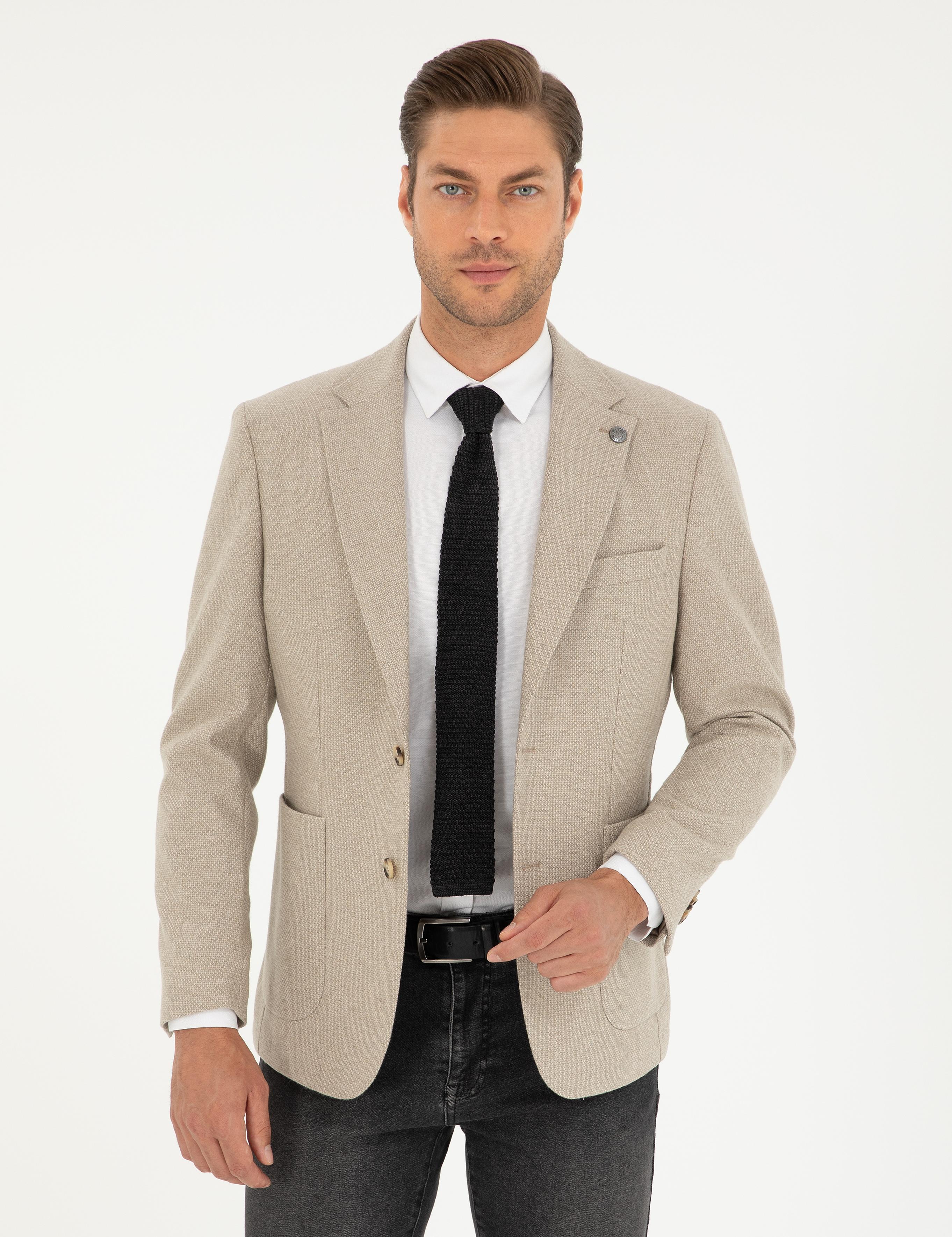 Bej Yün Karışımlı Slim Fit Ceket