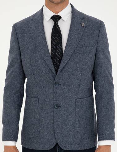 Lacivert Yün Karışımlı Slim Fit Ceket