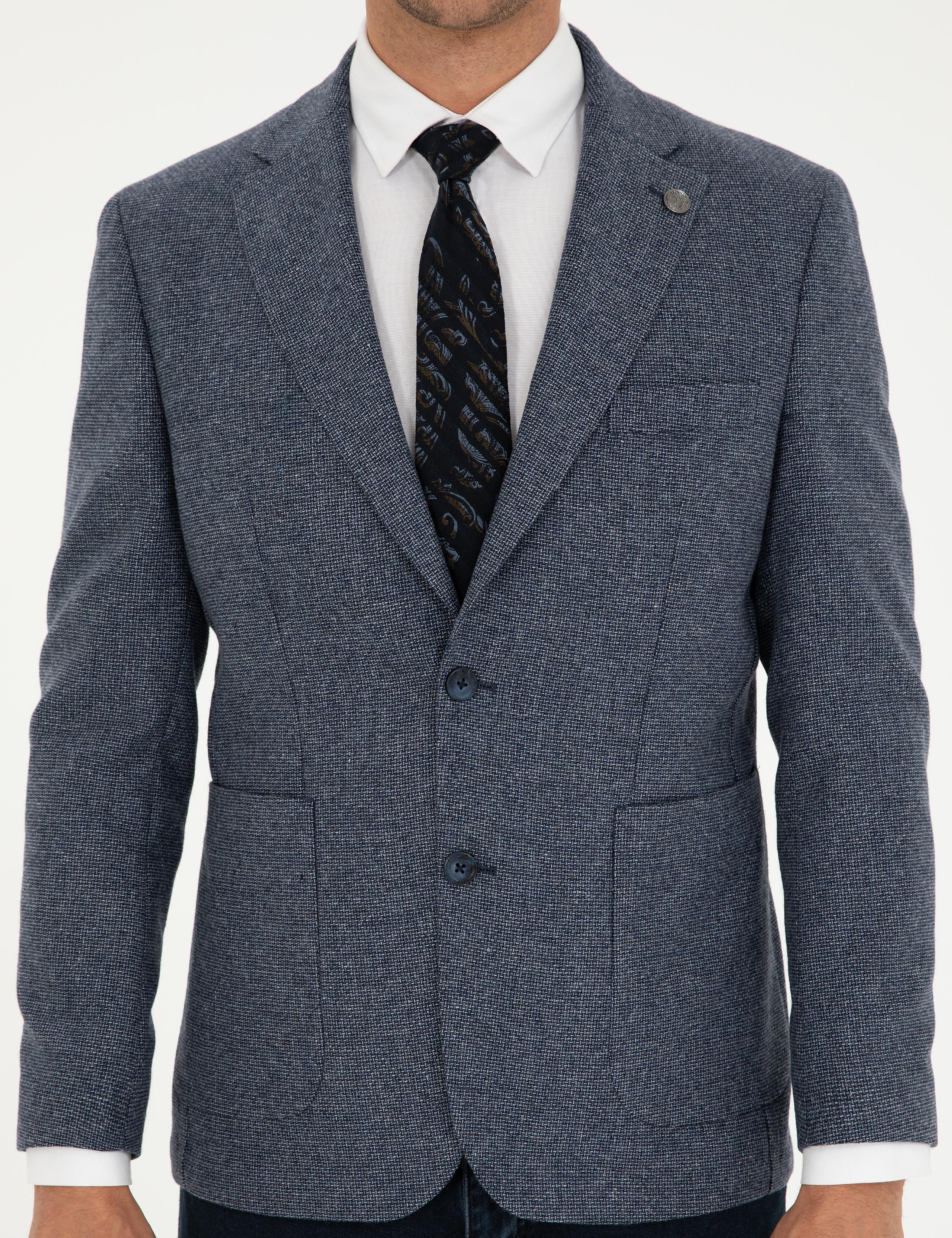 Lacivert Yün Karışımlı Slim Fit Ceket