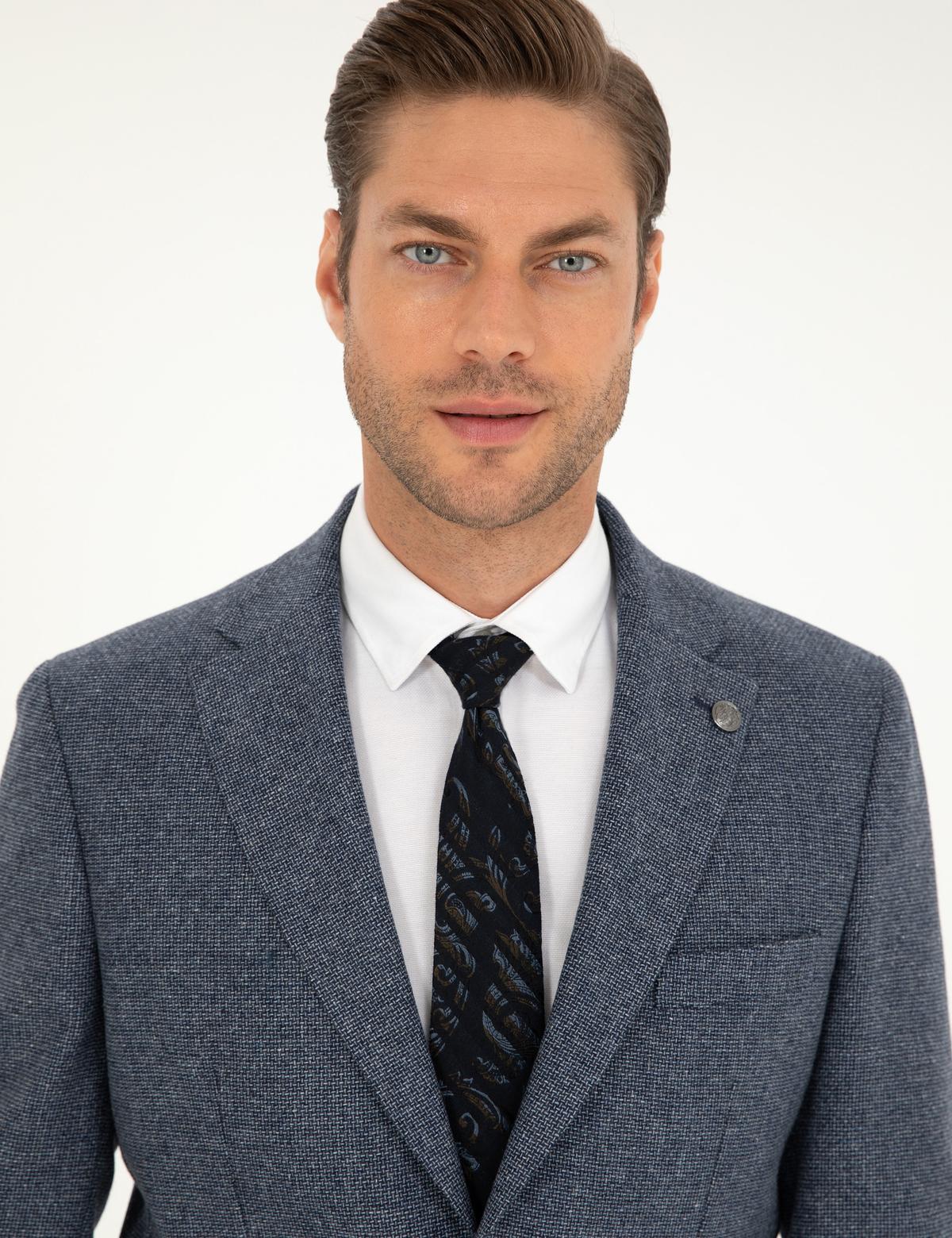 Lacivert Yün Karışımlı Slim Fit Ceket - 50291937041