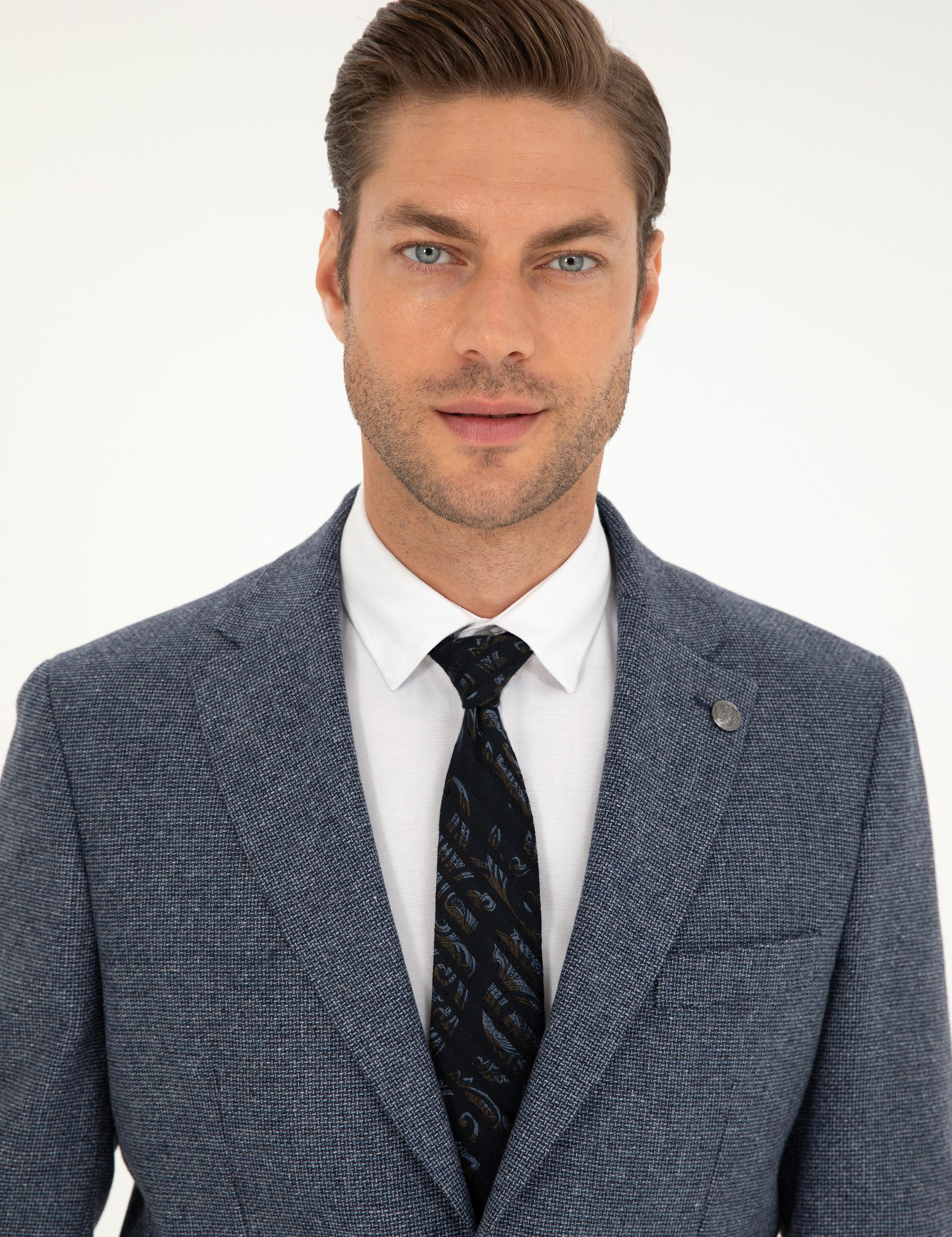 Lacivert Yün Karışımlı Slim Fit Ceket