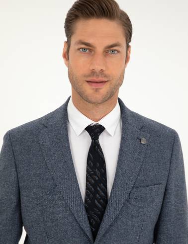 Lacivert Yün Karışımlı Slim Fit Ceket