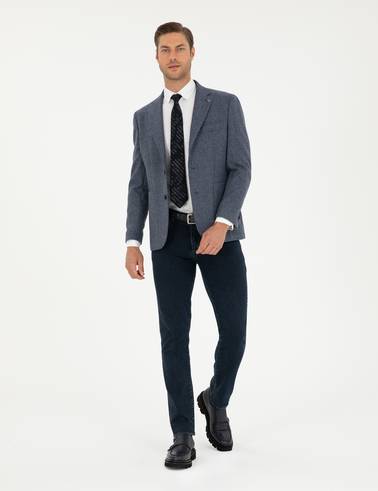 Lacivert Yün Karışımlı Slim Fit Ceket