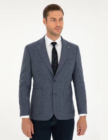 Lacivert Yün Karışımlı Slim Fit Ceket