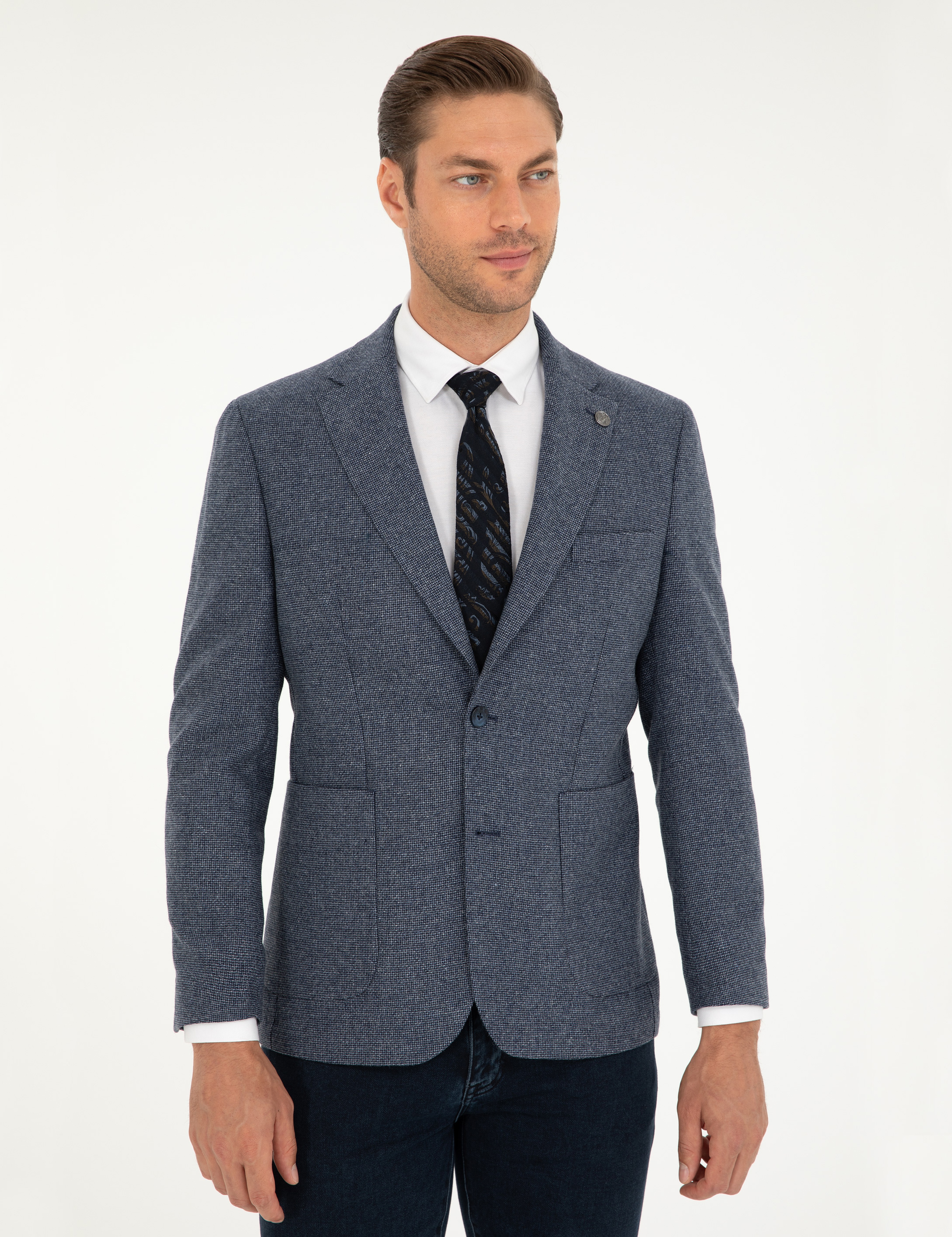 Lacivert Yün Karışımlı Slim Fit Ceket - Image 3