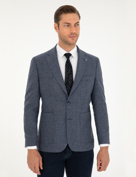 Lacivert Yün Karışımlı Slim Fit Ceket - 50291937041