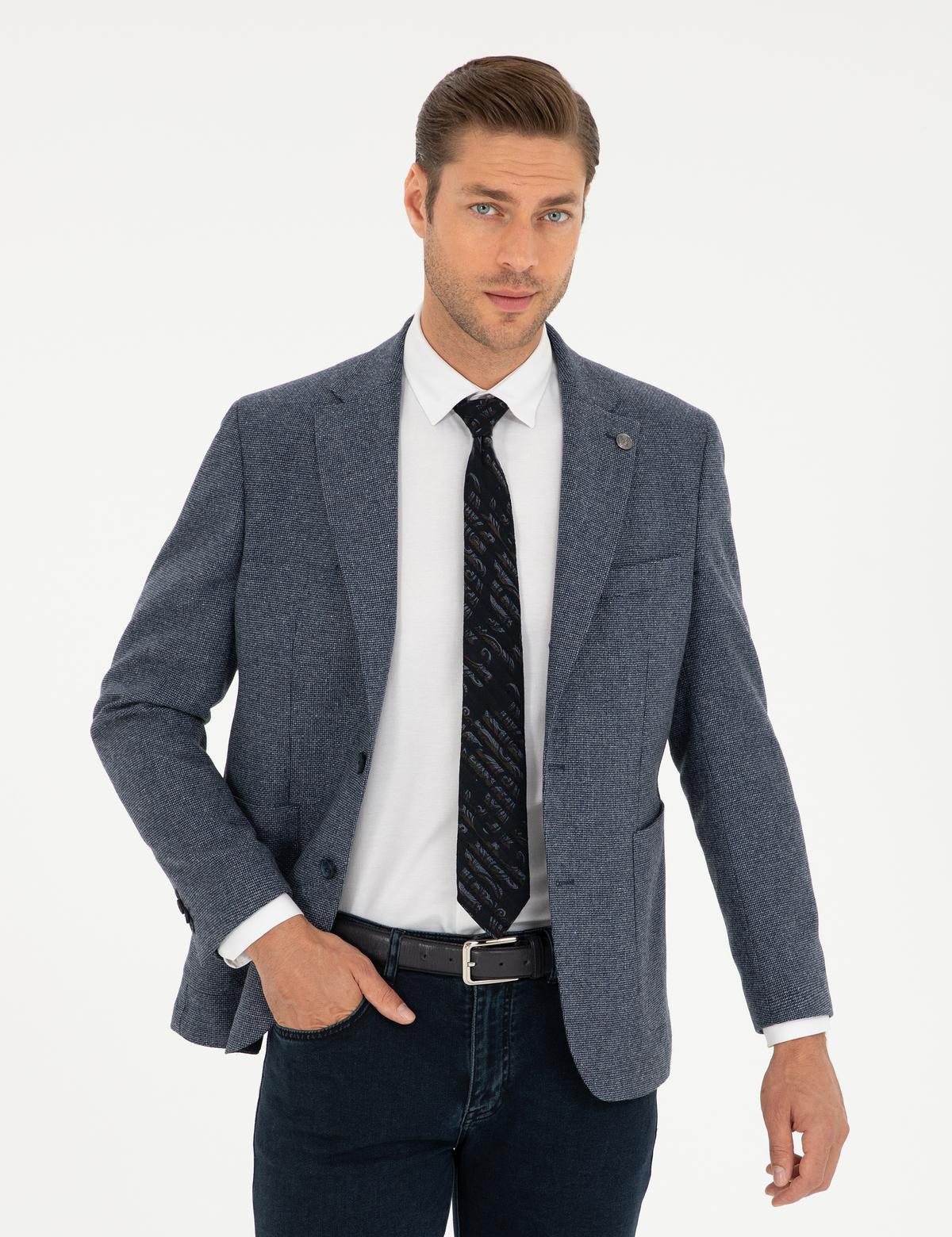 Lacivert Yün Karışımlı Slim Fit Ceket