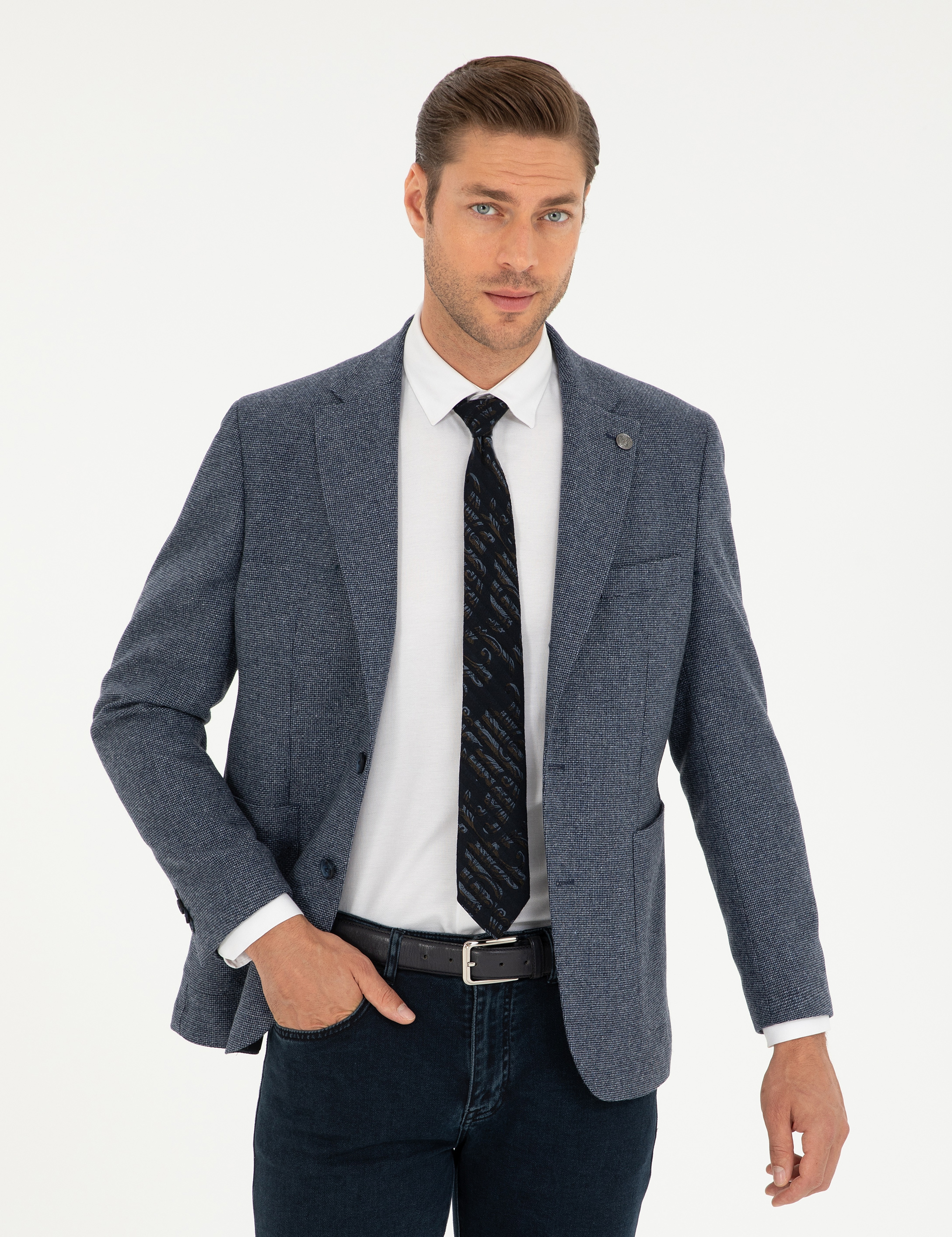 Lacivert Yün Karışımlı Slim Fit Ceket - Image 1