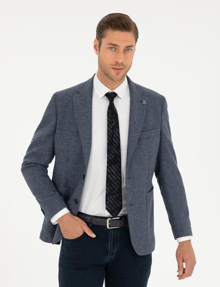 Lacivert Yün Karışımlı Slim Fit Ceket - 50291937041