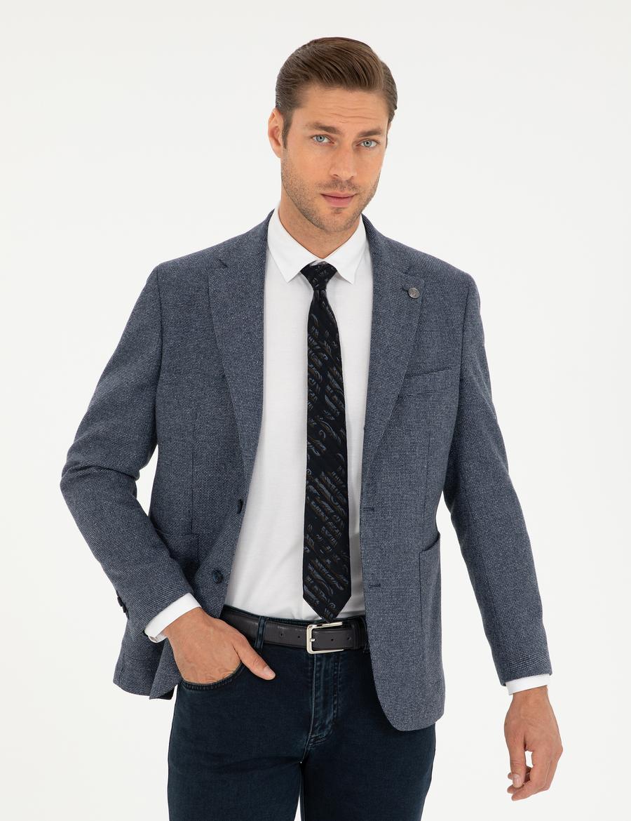 Lacivert Yün Karışımlı Slim Fit Ceket