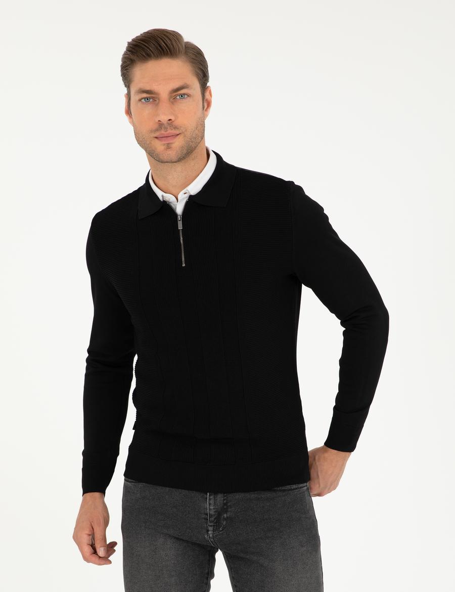 Siyah Regular Fit Fermuarlı Polo Yaka Triko Kazak