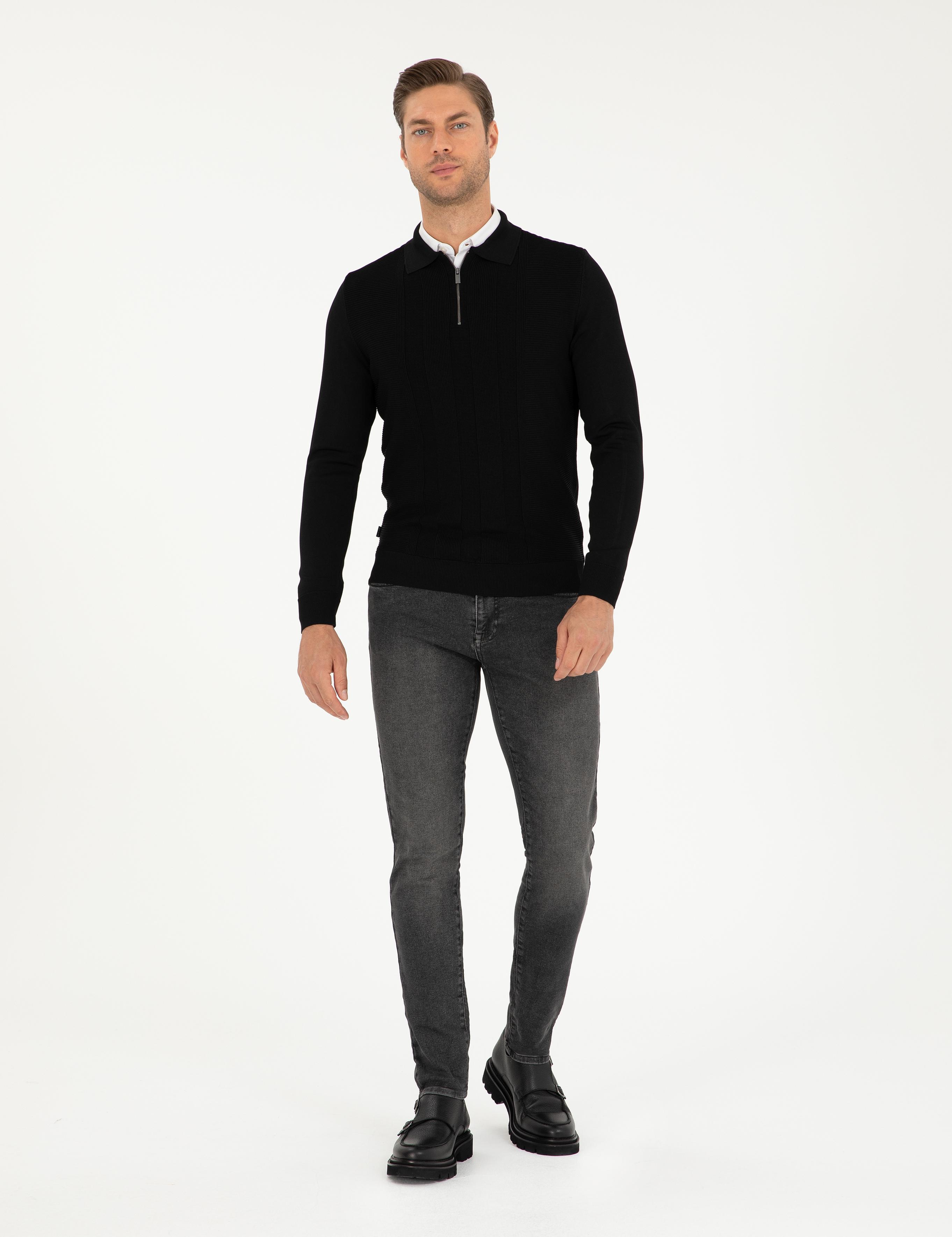 Siyah Regular Fit Fermuarlı Polo Yaka Triko Kazak