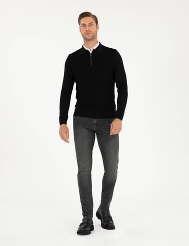 Siyah Regular Fit Fermuarlı Polo Yaka Triko Kazak